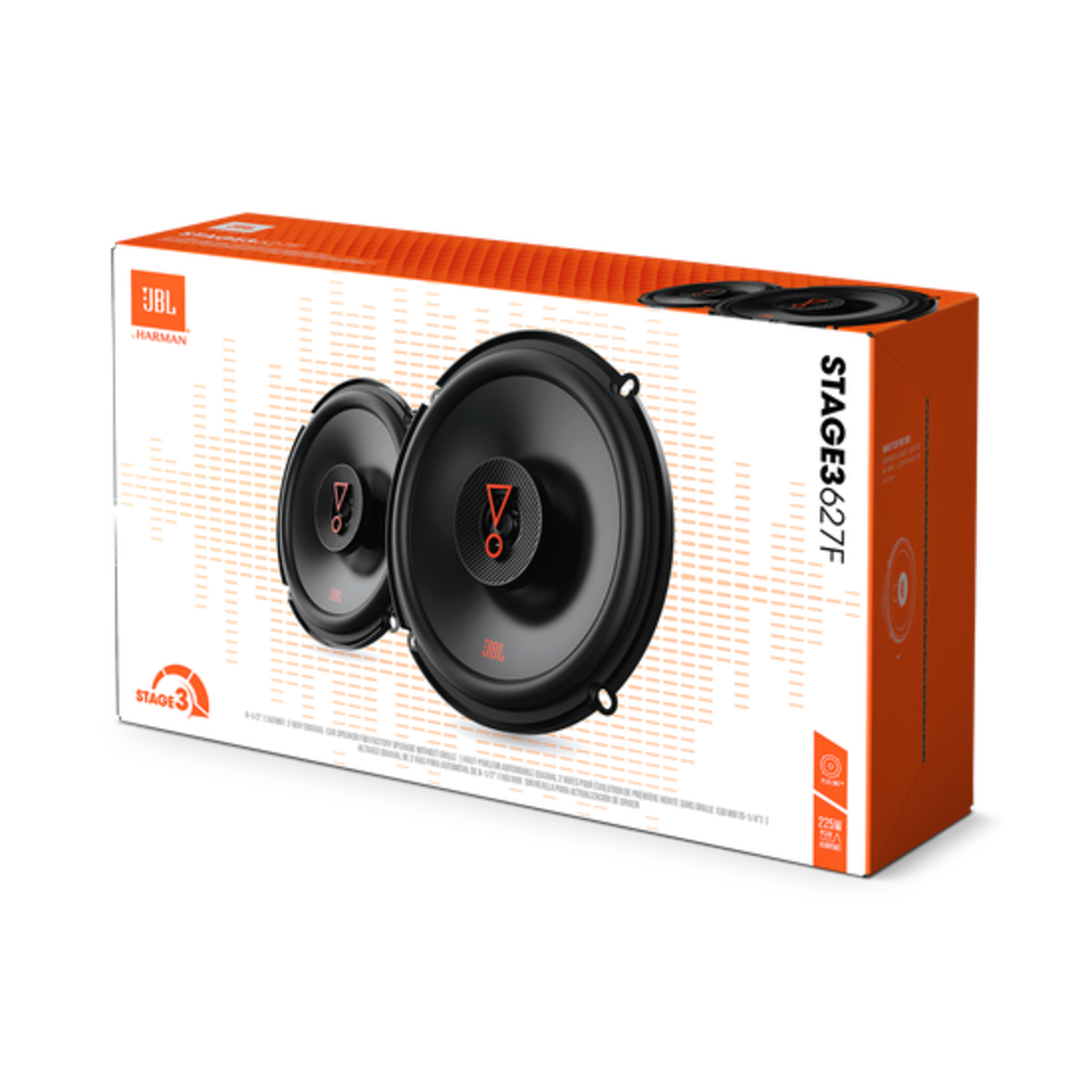Twee JBL-luidsprekers in een oranje doos, met tekst 'STAGE3627F'.