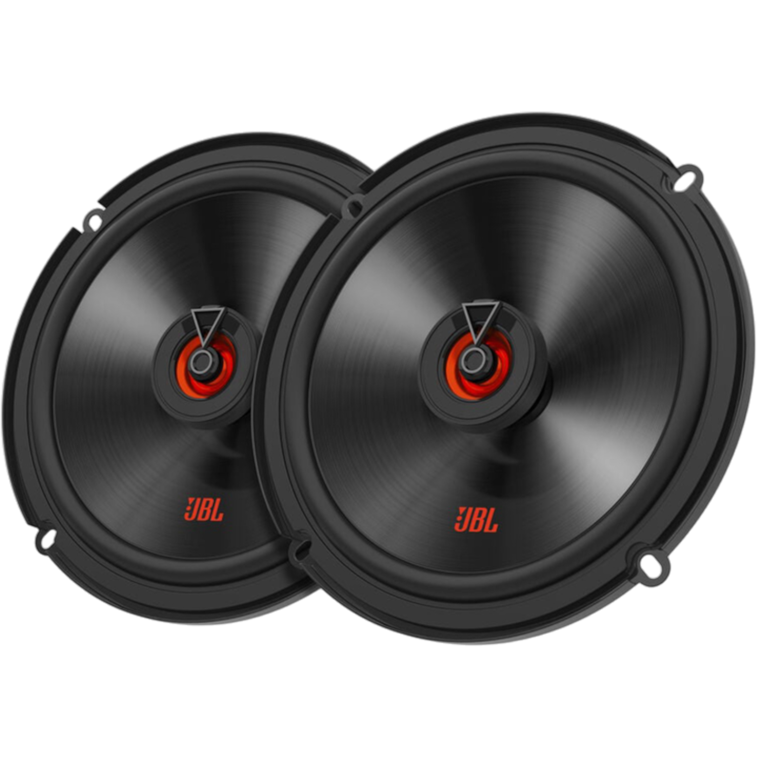 Twee zwarte JBL autospeakers. Oranje centrum. Zwarte achtergrond.