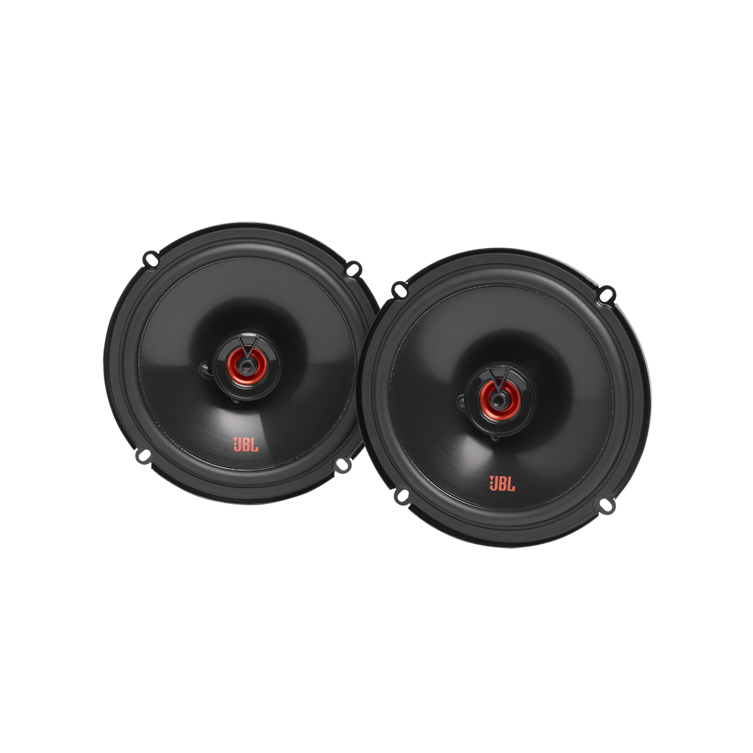 Twee zwarte JBL autospeakers met rode accenten.