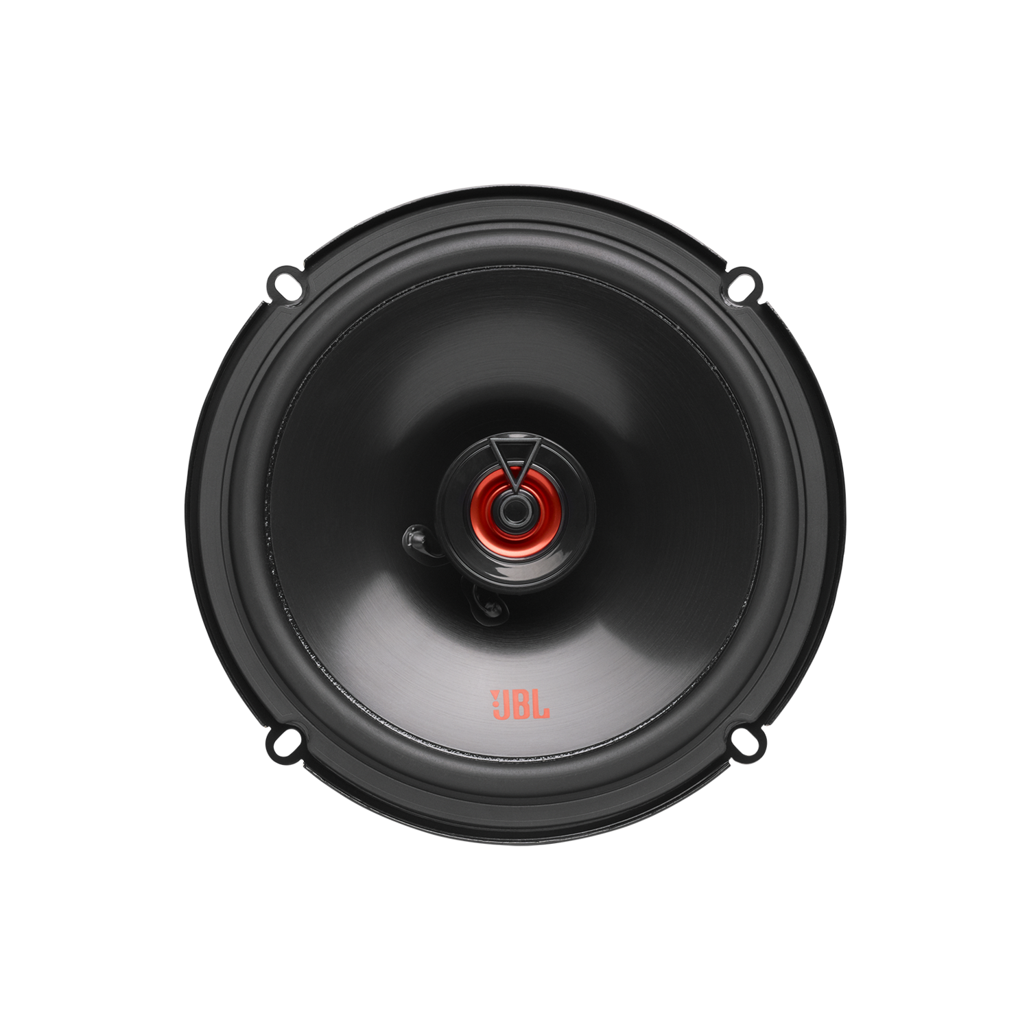 Zwarte JBL-luidspreker, ronde vorm, met rode center en logo. Vier montagegaten. Donkere achtergrond.