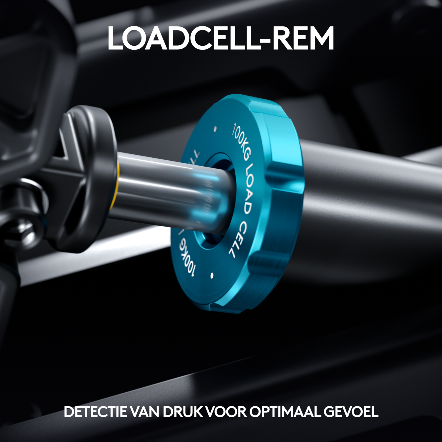 Close-up of a blue load cell on a barbell. Text says "LOADCELL-REM" and "100KG LOAD CELL".