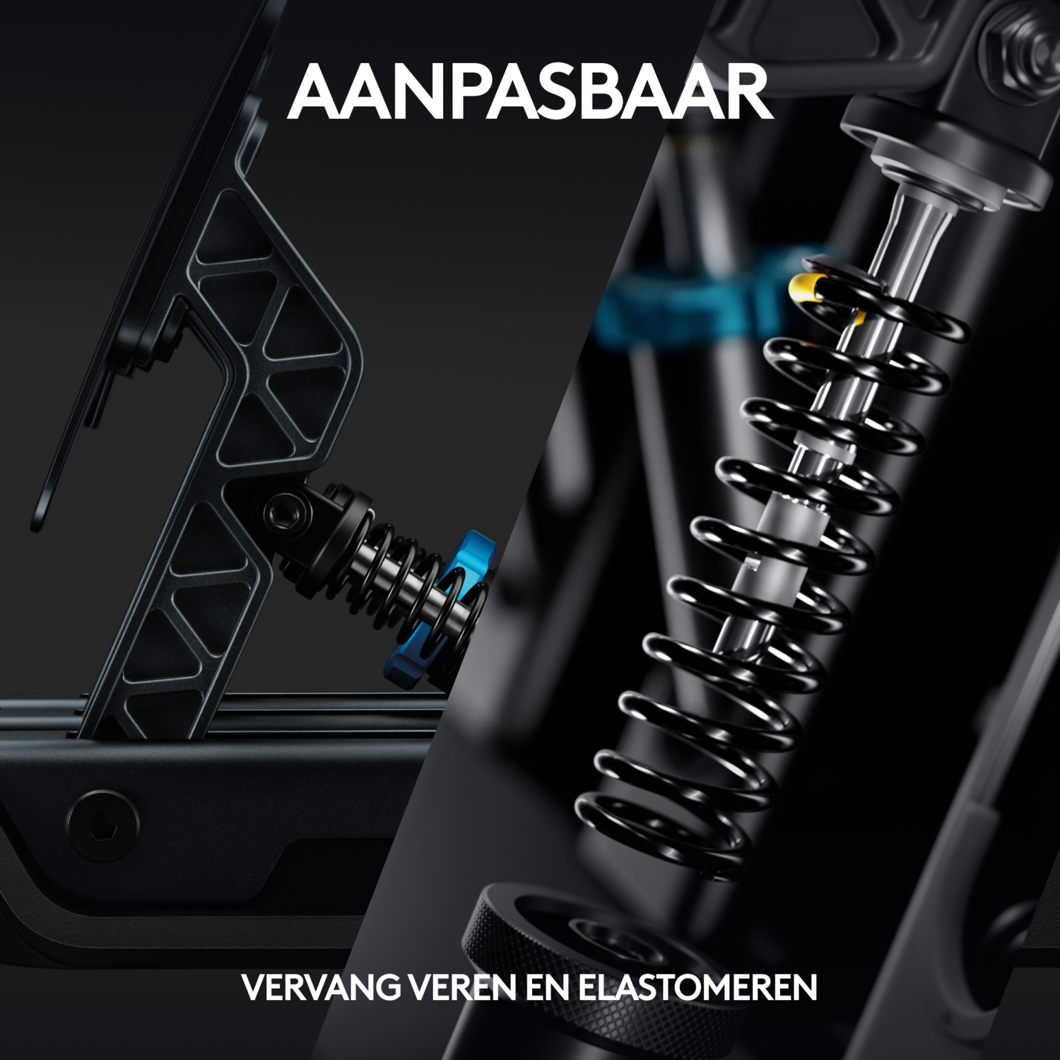 Two mechanical parts, one with a spring and the other with a blue component.