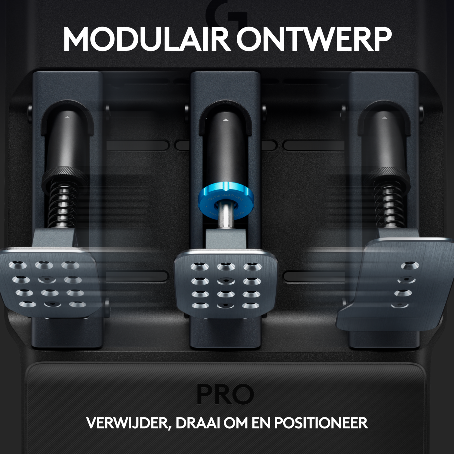 Black Logitech pedal set. Modular design. Text reads 'PRO'.