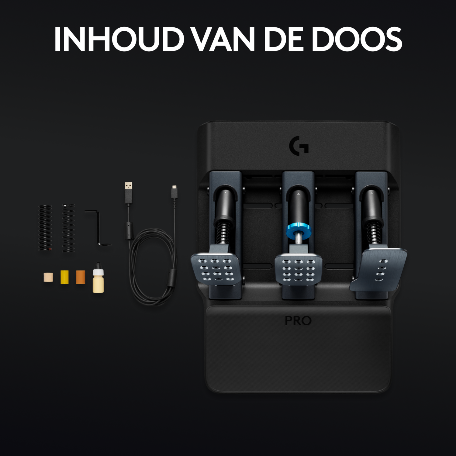 A black box with pedals and accessories. It is on a black background.