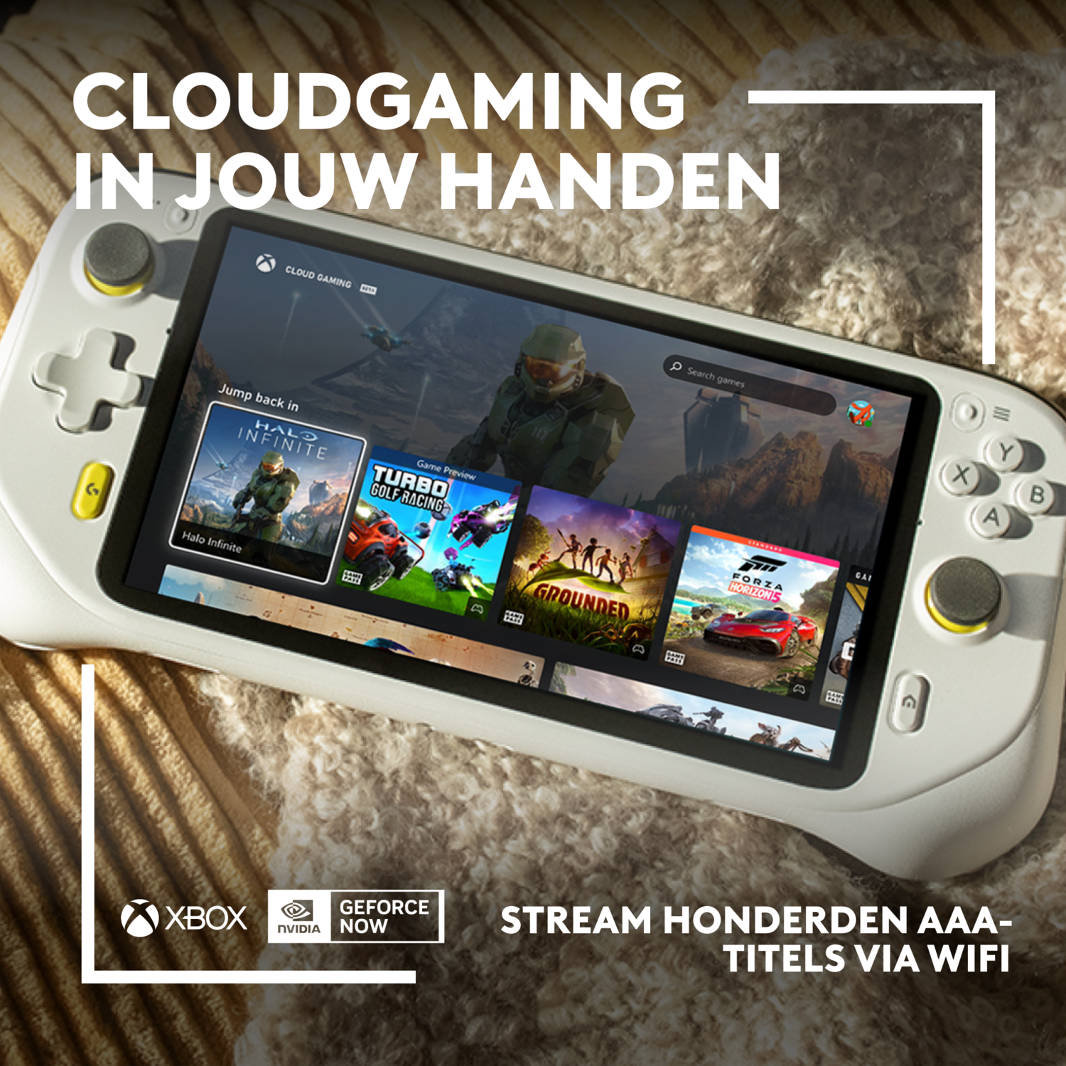 Handheld gaming-apparaat dat games streamt op een scherm, met Xbox- en NVIDIA-logo's.