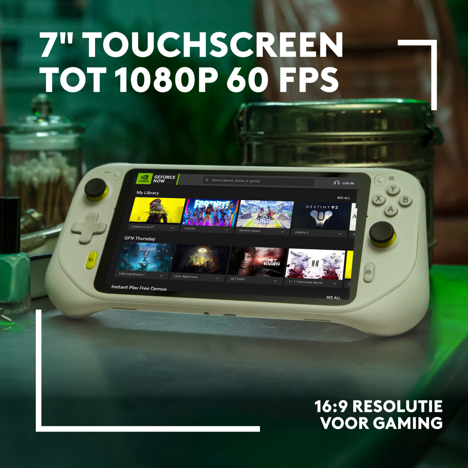 Een wit draagbaar gamingapparaat wordt getoond met een gameweergave met tekst.