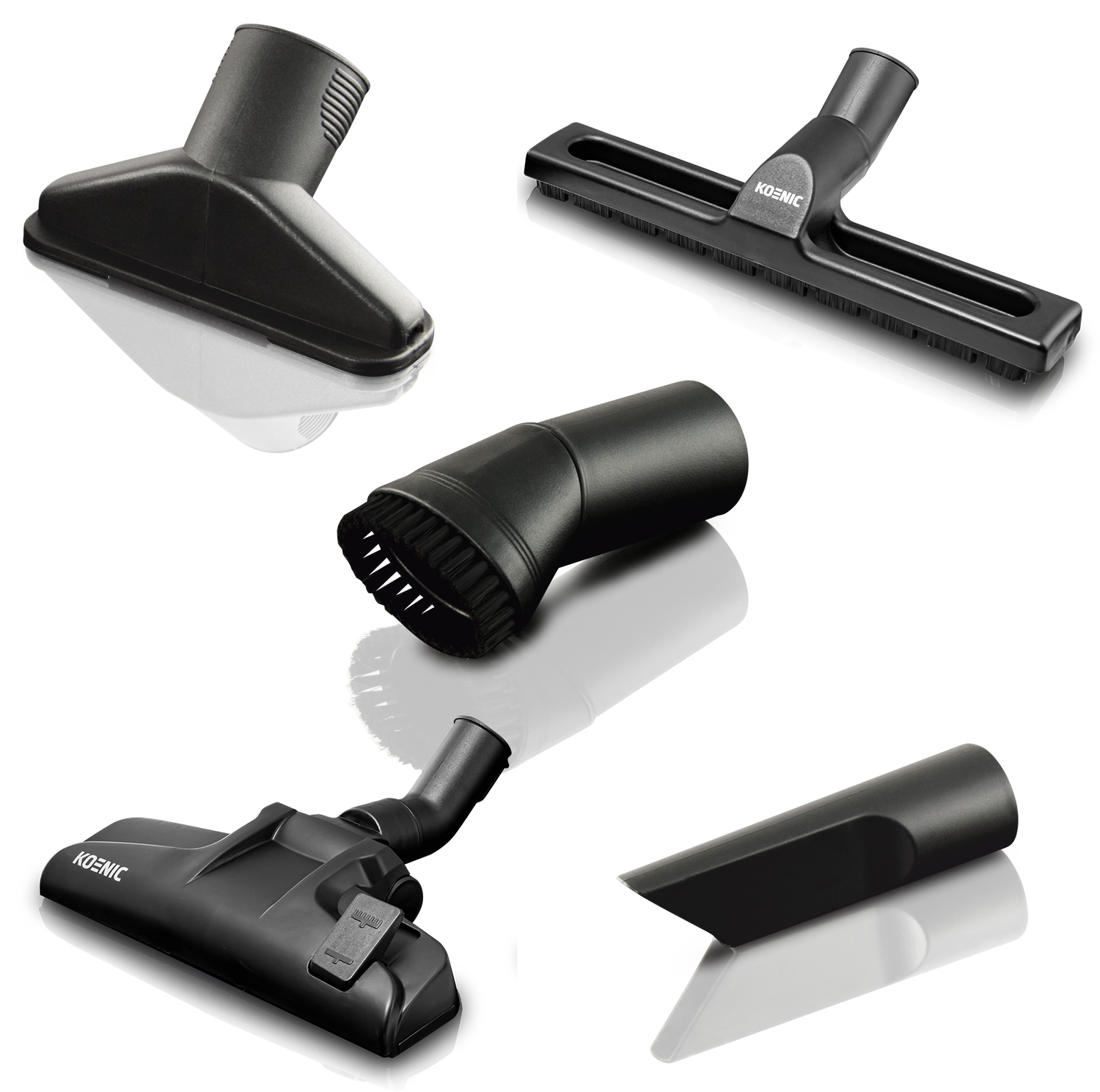 Piezas de aspiradora: varios accesorios negros de limpieza, cabezales angulares y de cepillo.