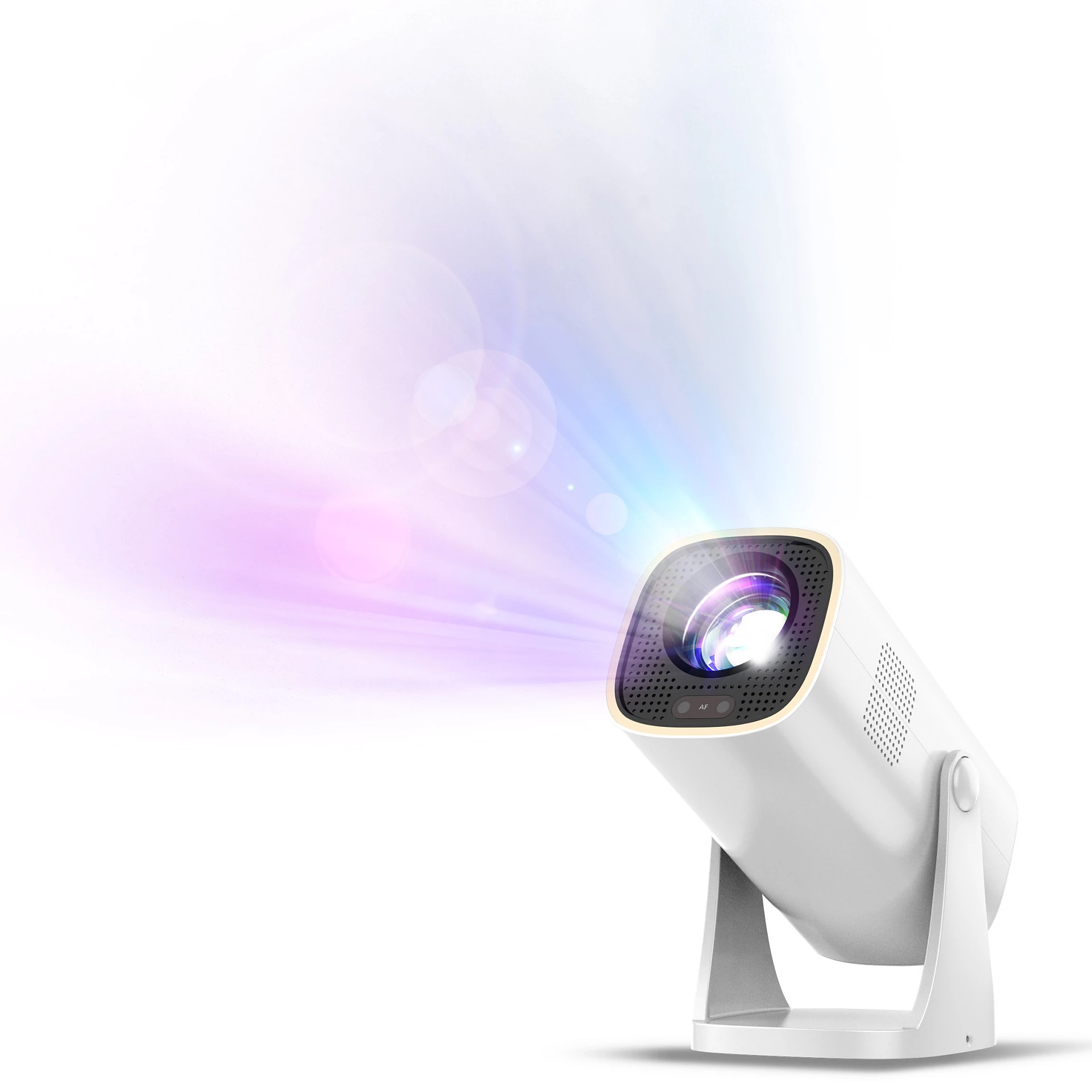 Un proyector blanco emite rayos de luz coloridos contra un fondo blanco. El proyector está en un soporte blanco.