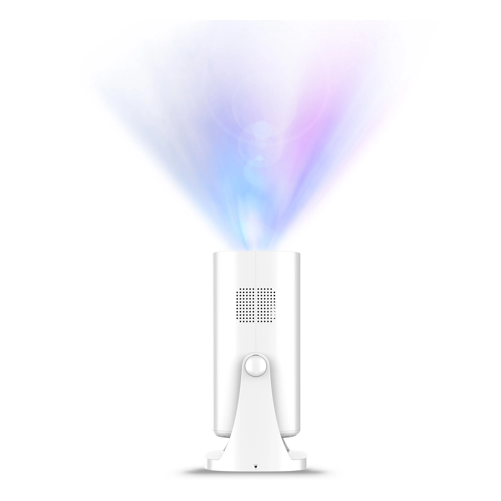 Dispositivo blanco que proyecta haces de luz de colores hacia arriba. El dispositivo tiene un soporte.