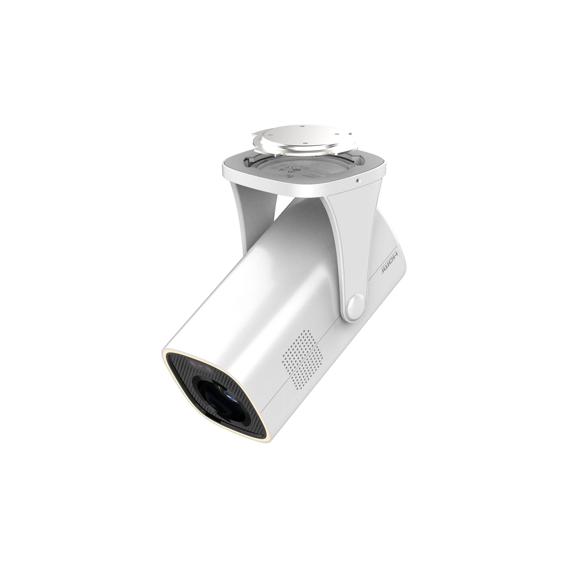 Proyector blanco con lente negra, con soporte de montaje.