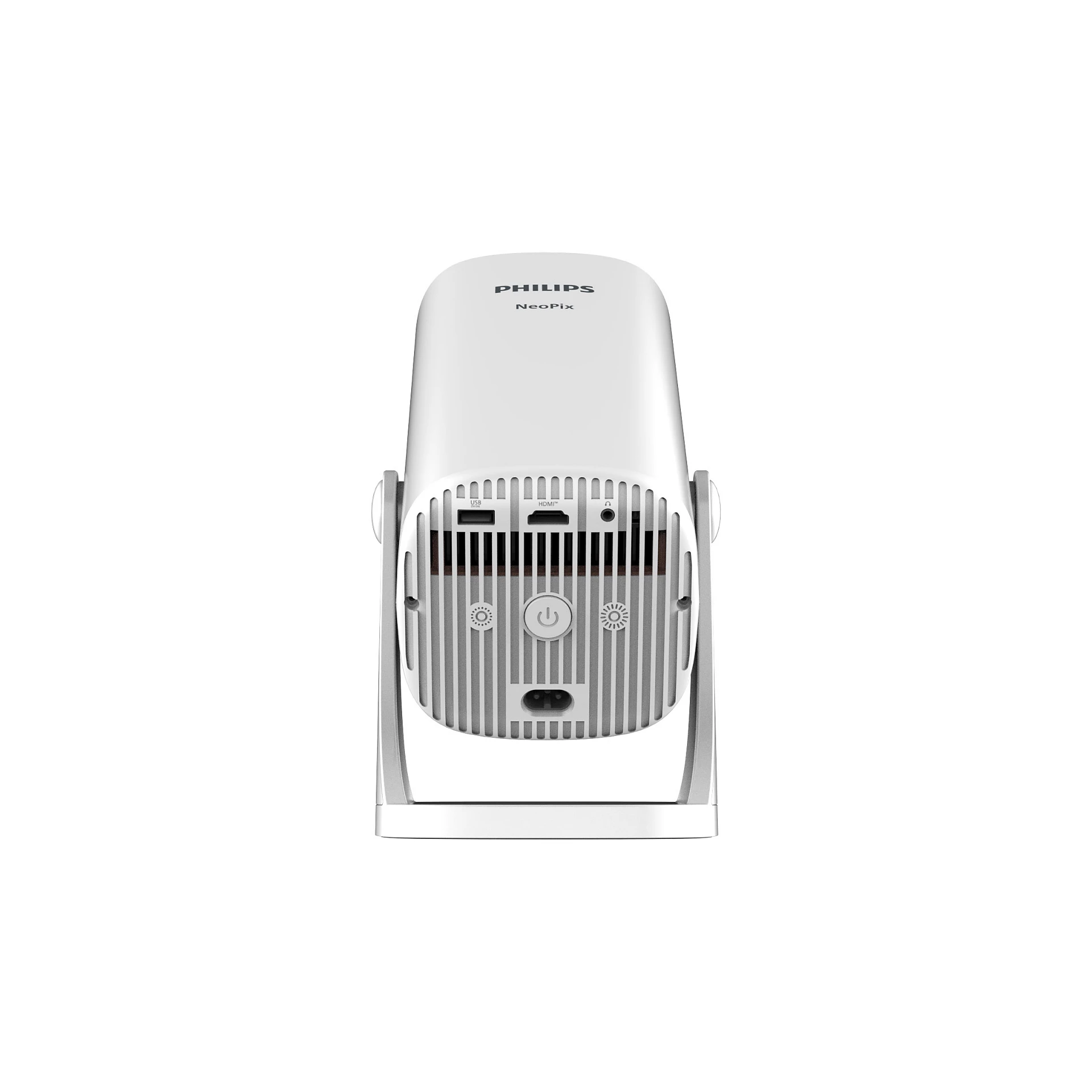 Un proyector Philips NeoPix blanco, mostrando la parte trasera con puertos y botón de encendido.