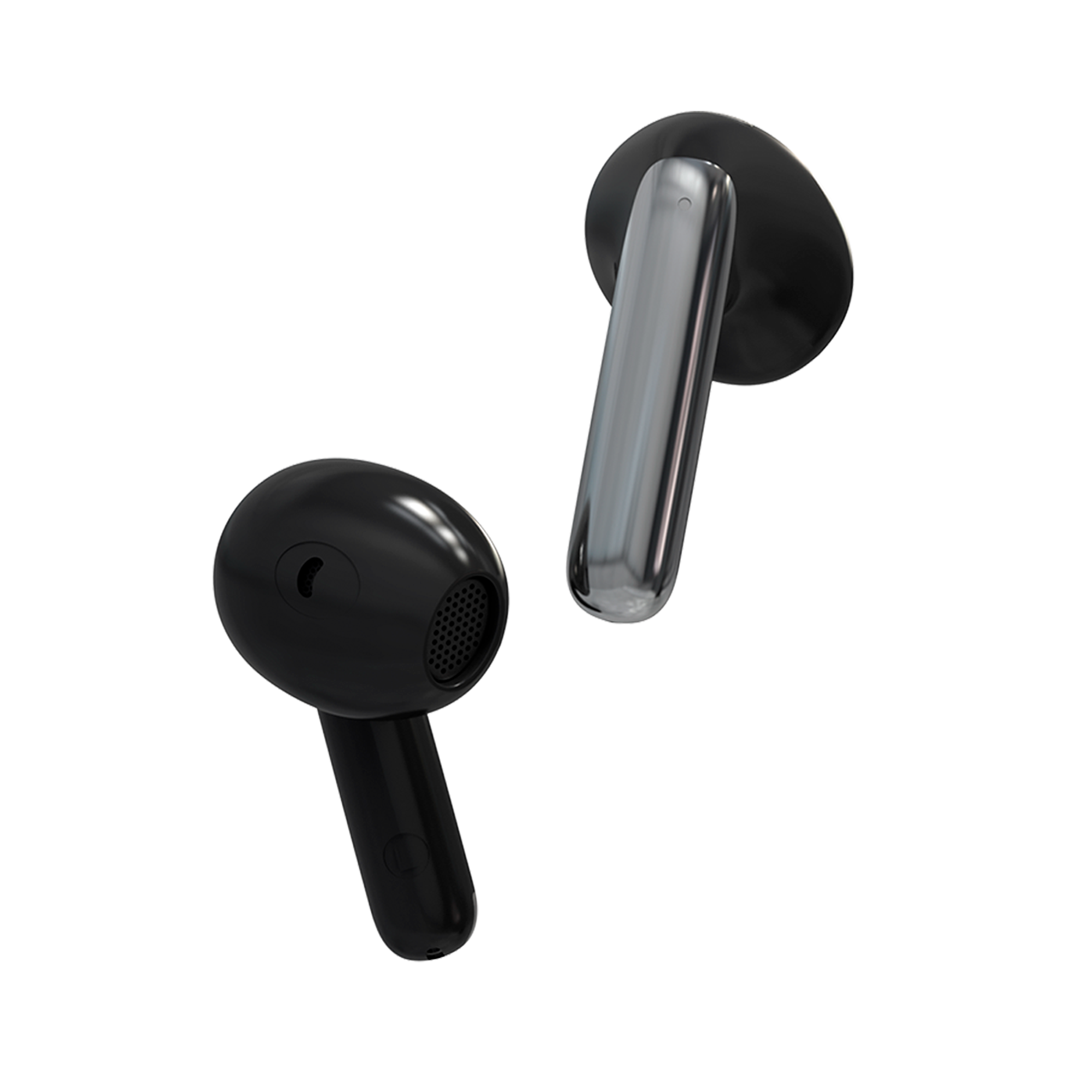 Dos auriculares inalámbricos; uno negro, uno plateado. El fondo es blanco.