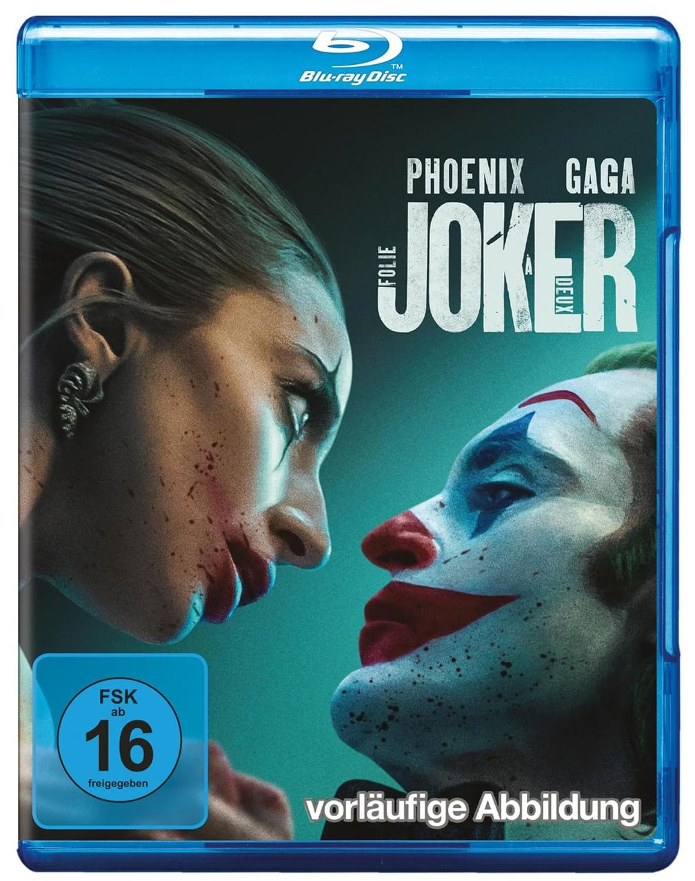 Filmposter für 'Joker: Folie à Deux'. Zeigt zwei Gesichter nah beieinander, mit einer blauen Blu-ray-Hülle.