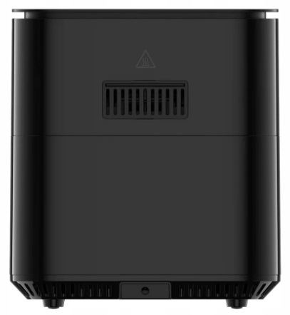 Czarna frytkownica beztłuszczowa. Pokazano tył frytkownicy beztłuszczowej. Jest otwór wentylacyjny i znak ostrzegawczy.