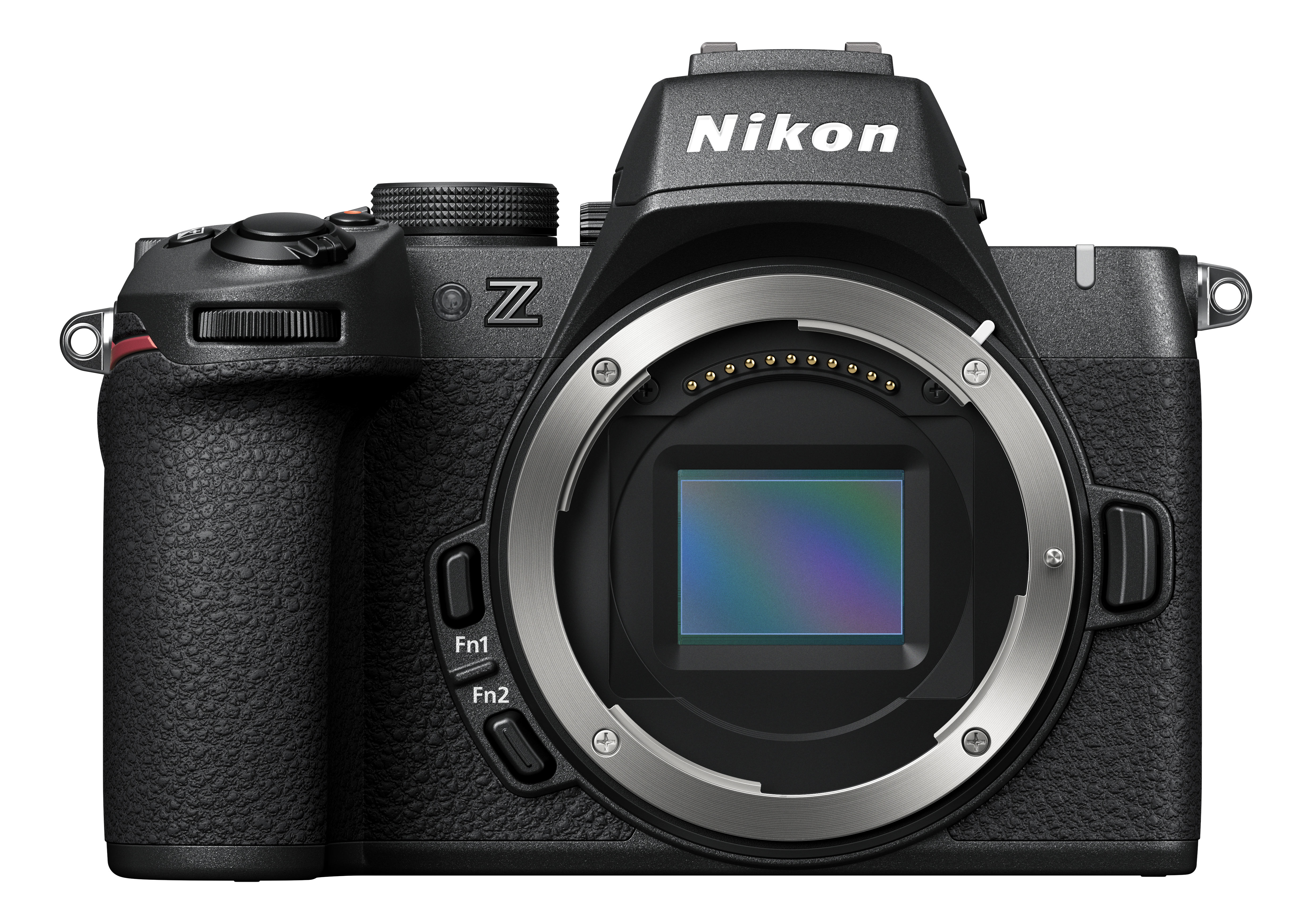 Schwarze Nikon Kamera ohne Objektiv, zeigt den Sensor, auf schwarzem Hintergrund.