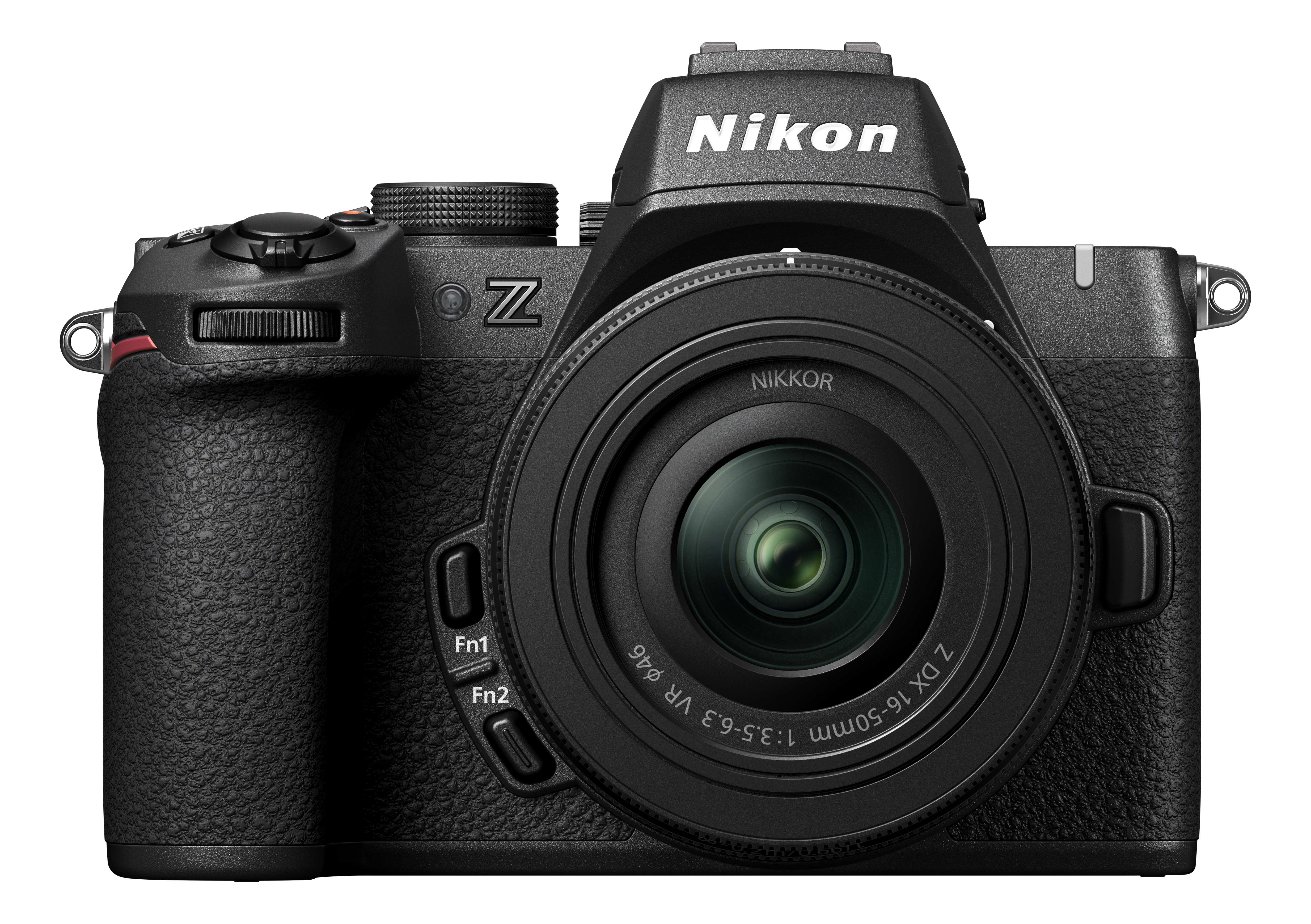 Eine schwarze Nikon-Kamera mit einem Objektiv in der Mitte. Nikon steht über dem Objektiv.