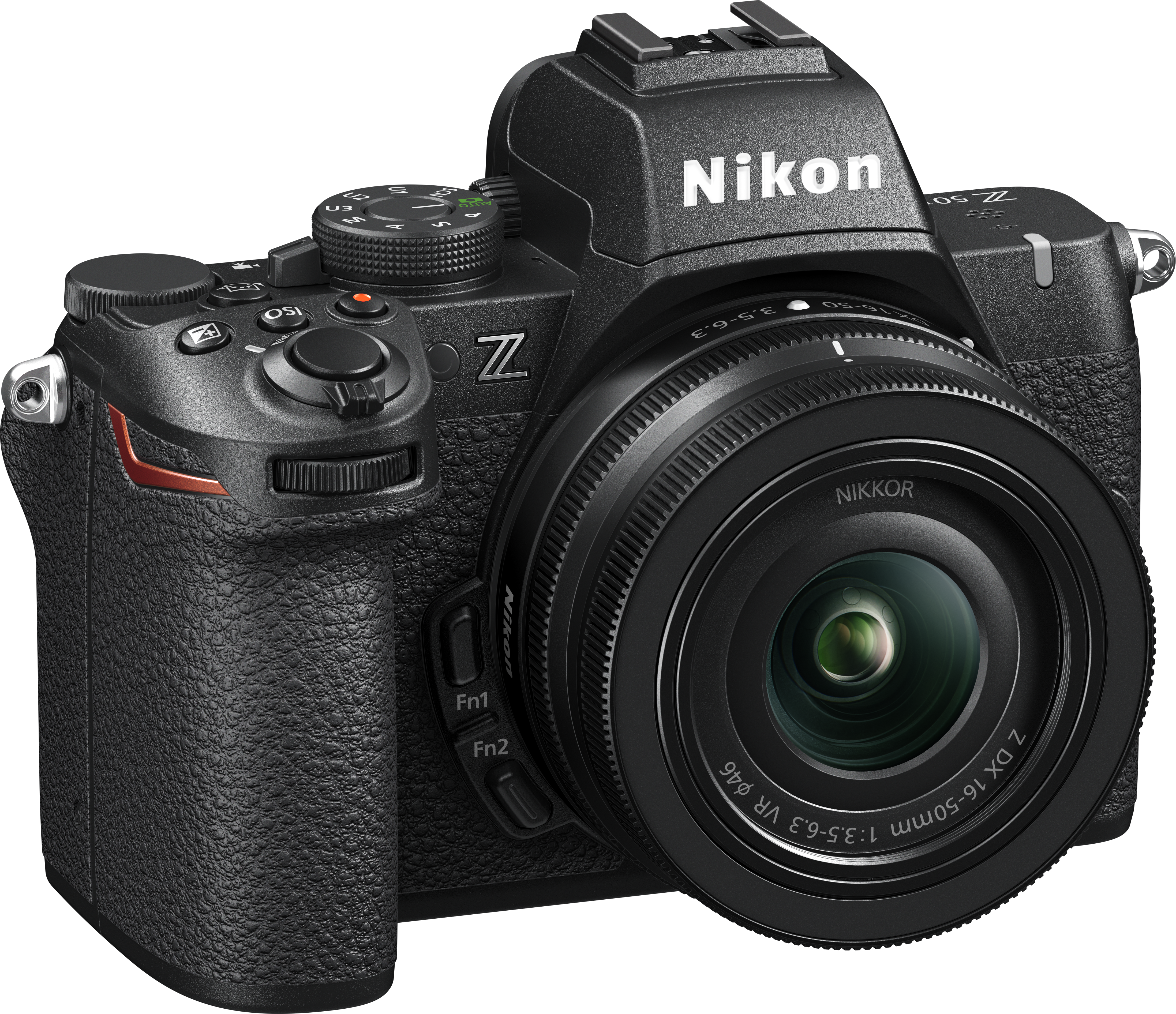 Schwarze Nikon Z Kamera mit Objektiv. Nikon und Objektivdetails sind sichtbar.
