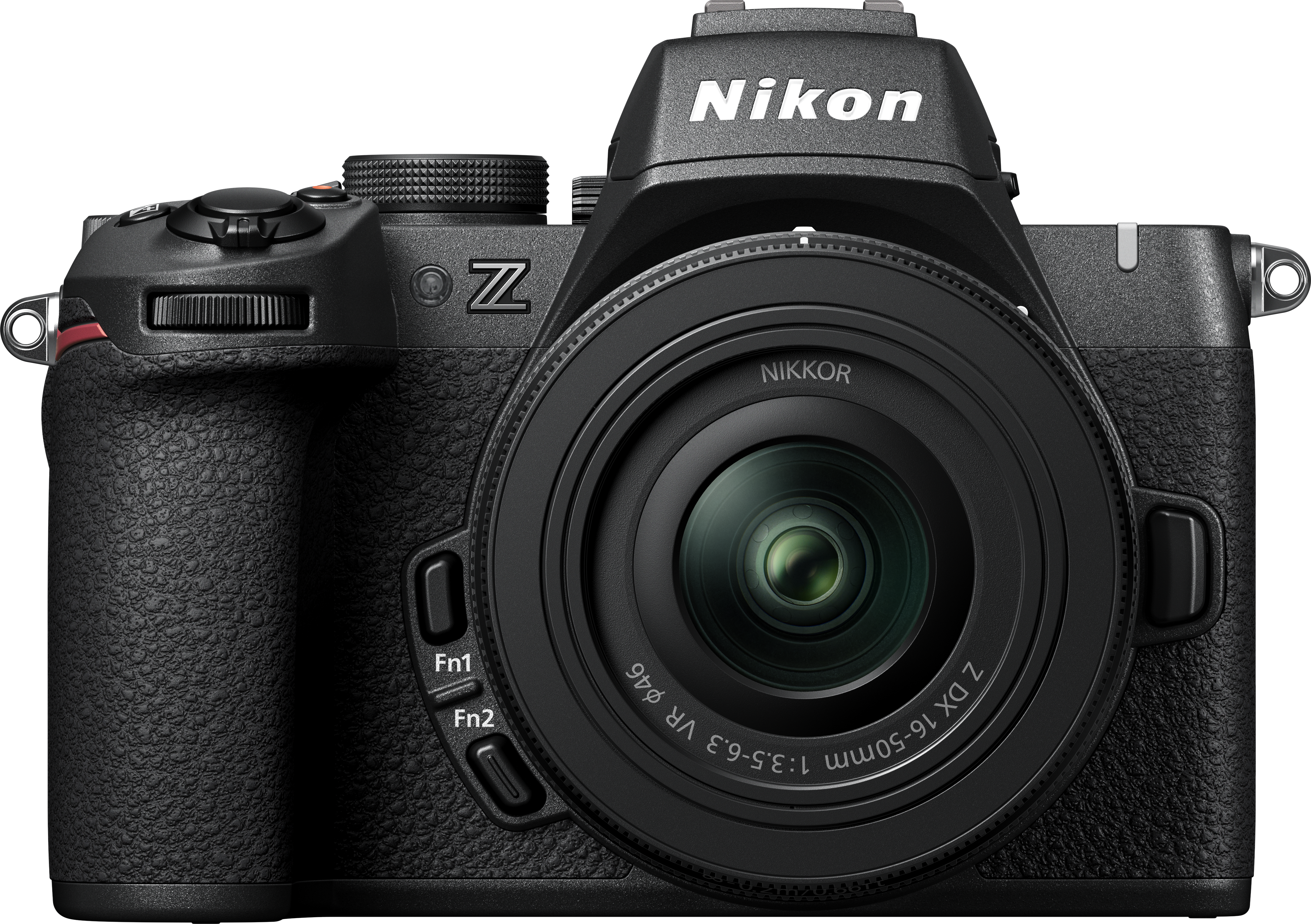 Eine schwarze Nikon-Kamera mit Objektiv und schwarzem Hintergrund.