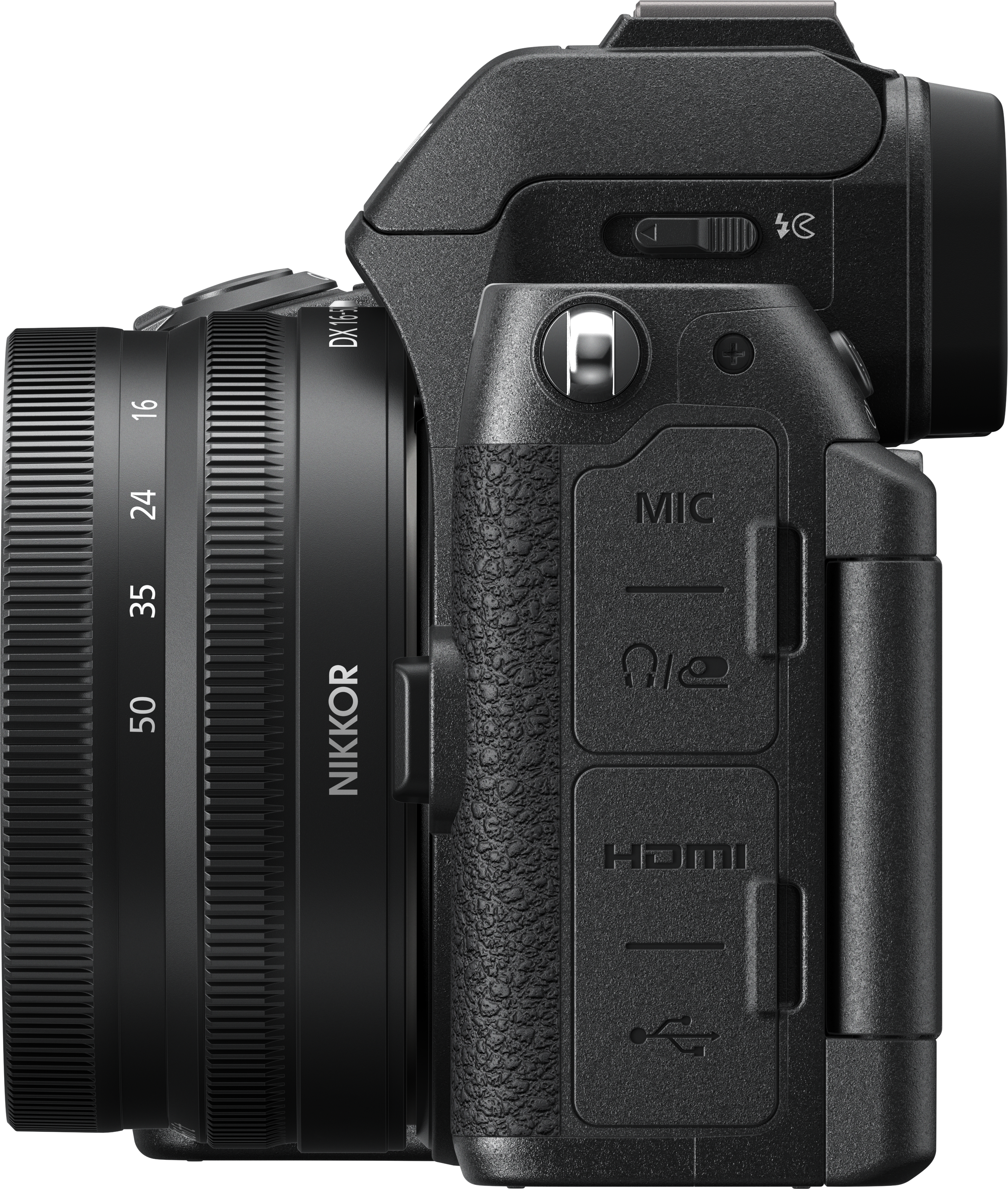 Seitenansicht einer schwarzen Nikon Kamera. Das Objektiv ist links, Knöpfe und Griff rechts.