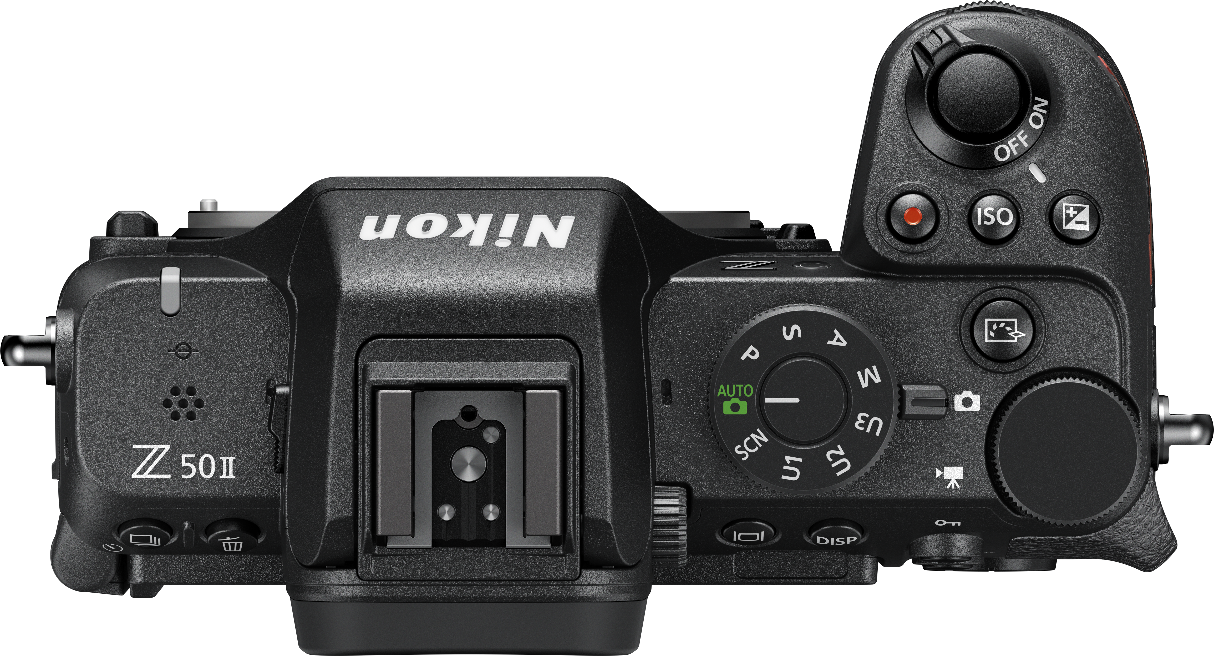 Draufsicht einer schwarzen Nikon-Kamera. Die oberen Bedienelemente sind sichtbar, einschließlich des Nikon-Logos.