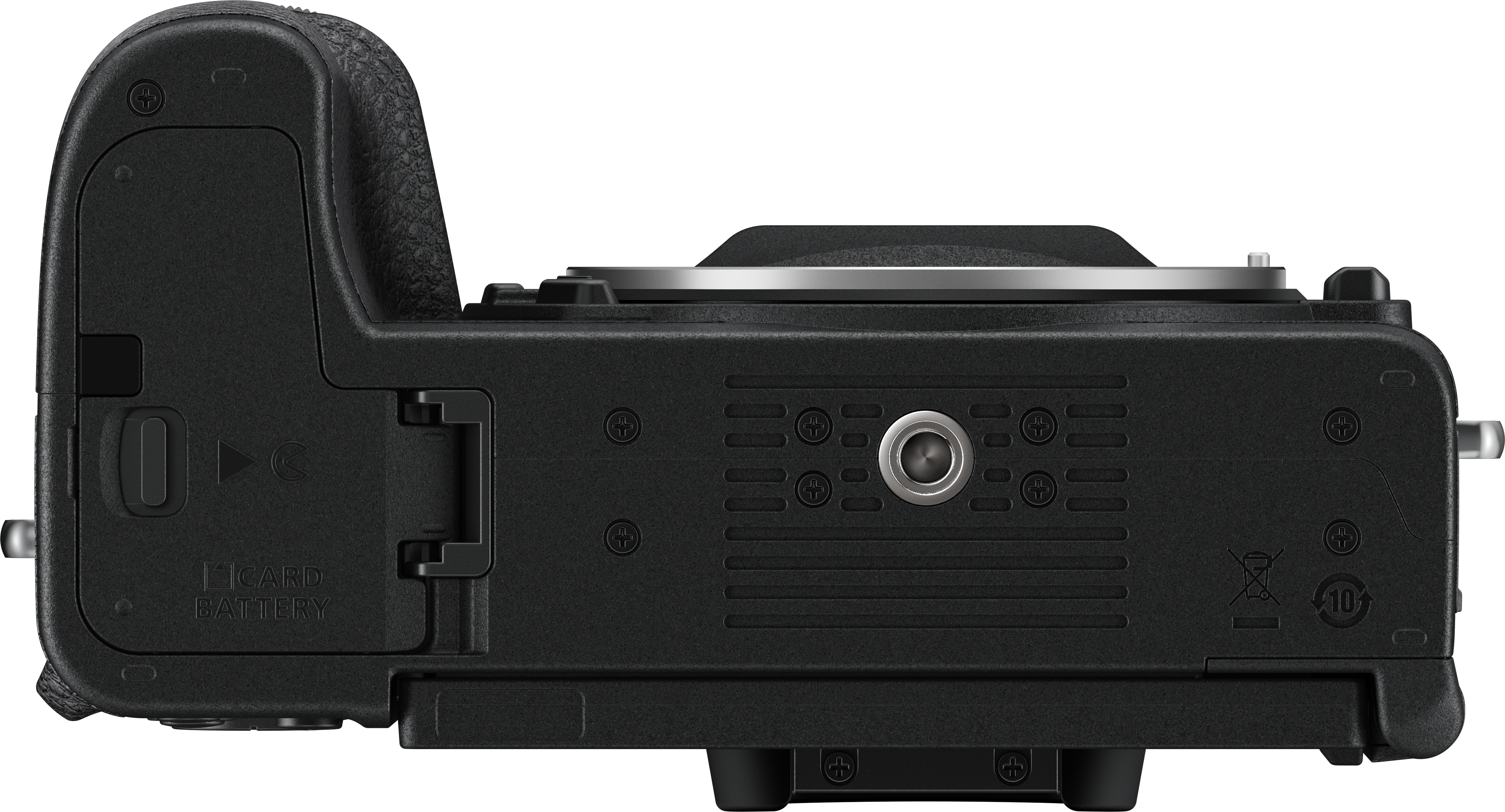 Schwarze Kamera mit Objektivanschluss und Karten-/Batterieschacht.