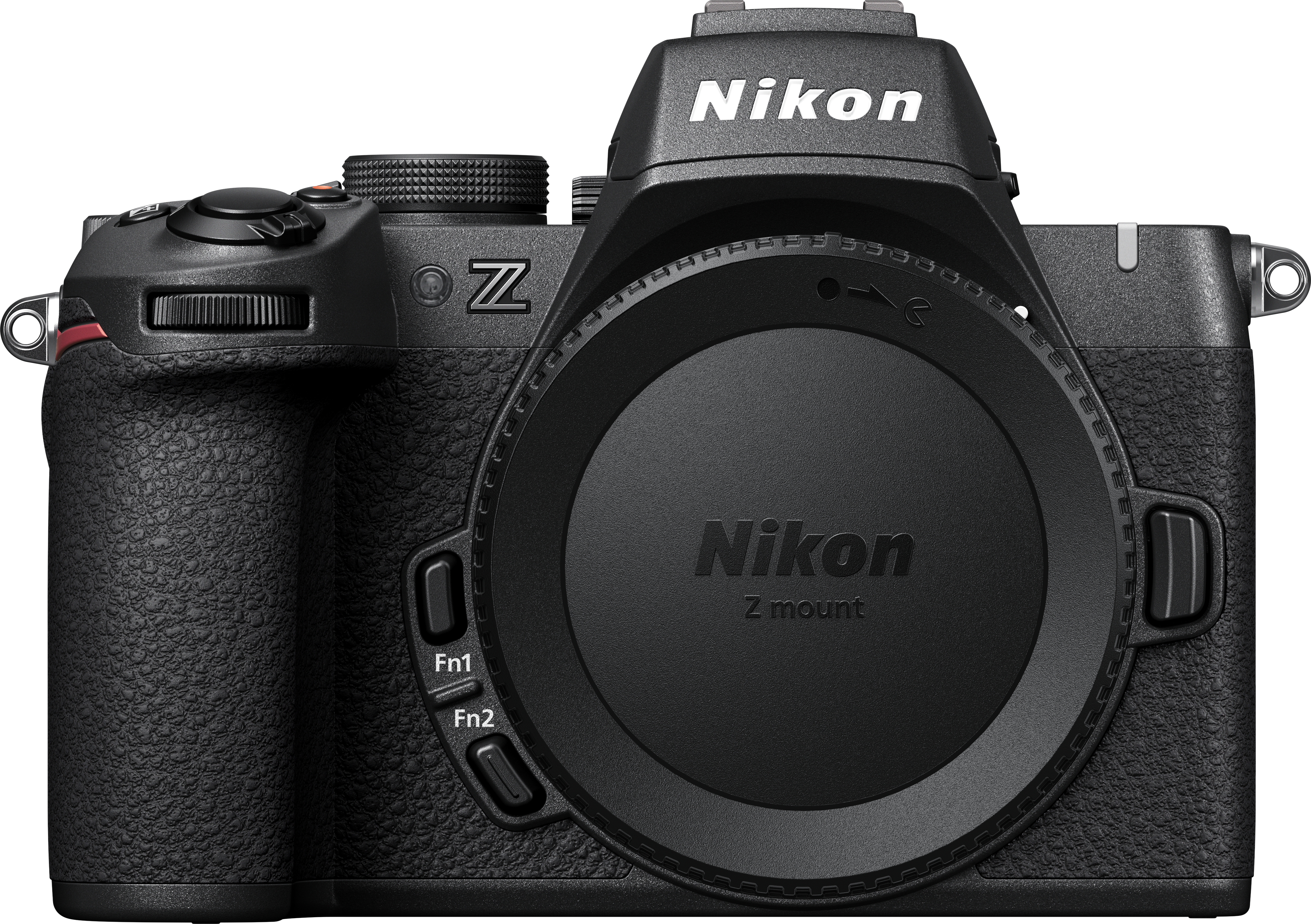 Nikon Kamera mit Objektivdeckel, schwarzem Gehäuse und Nikon Logo.