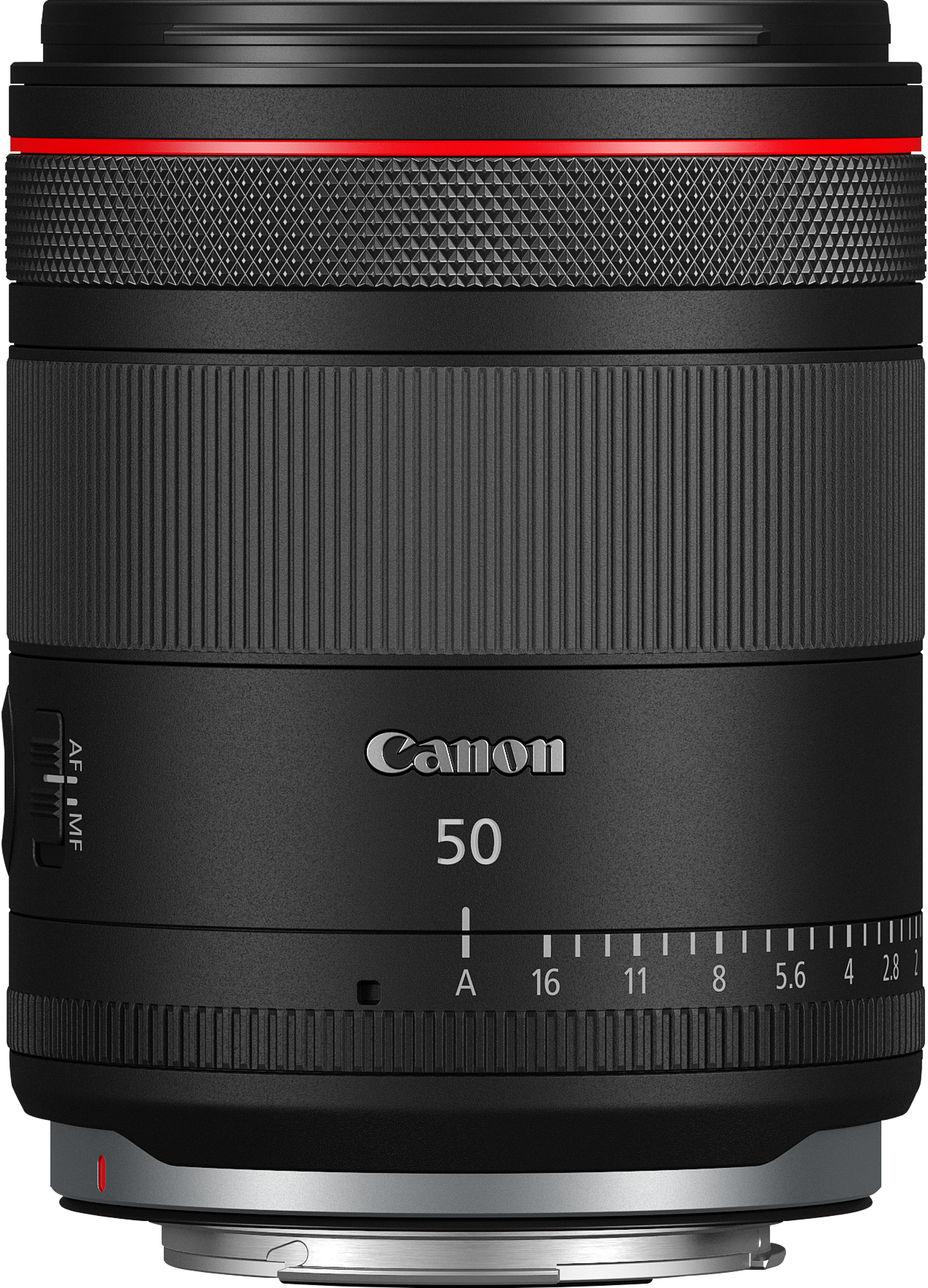 Objectif Canon 50mm. Noir avec cercle rouge et texte blanc. Bague de mise au point et marques d'ouverture.