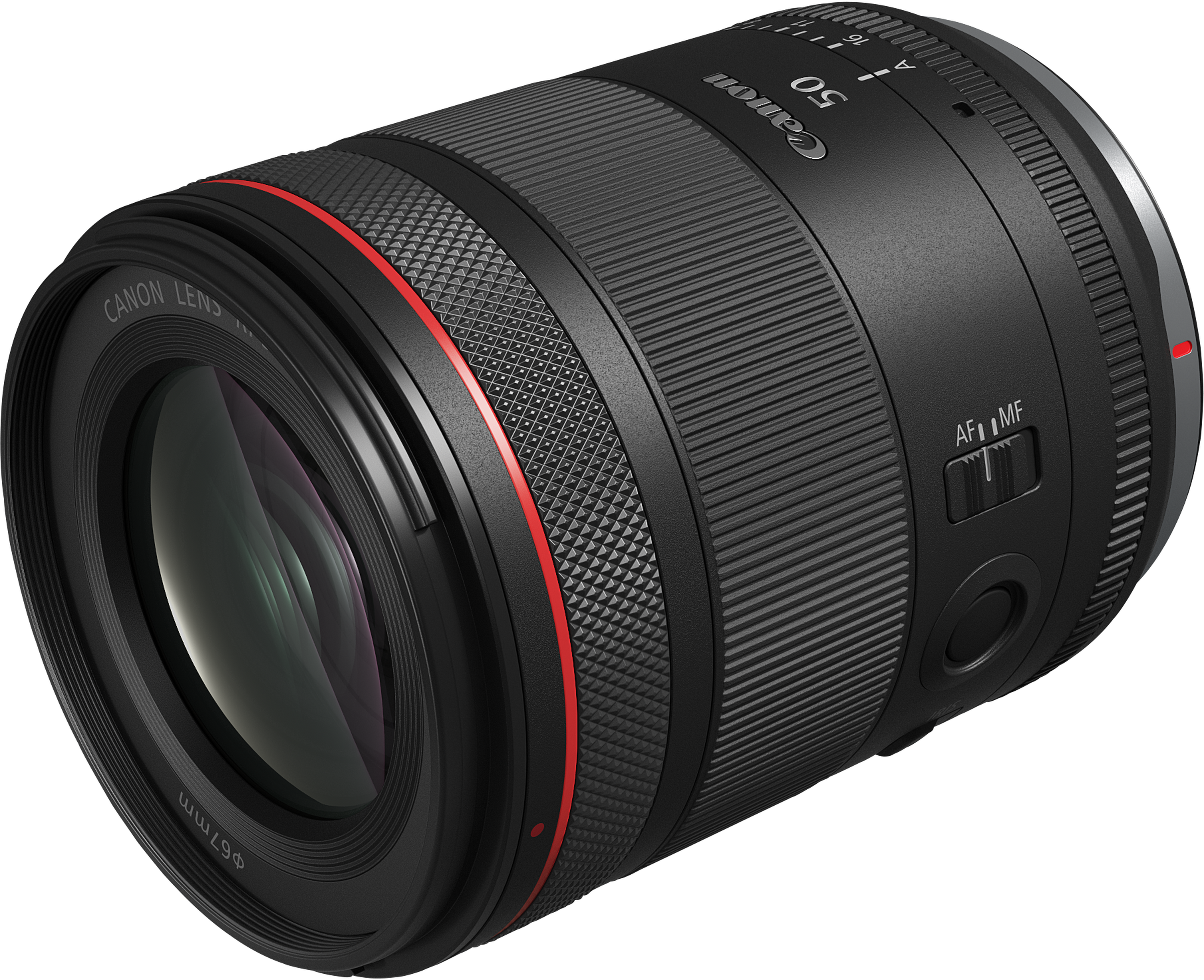 Objectif Canon avec détail de bague rouge. Objectif noir avec bagues de mise au point et zoom.