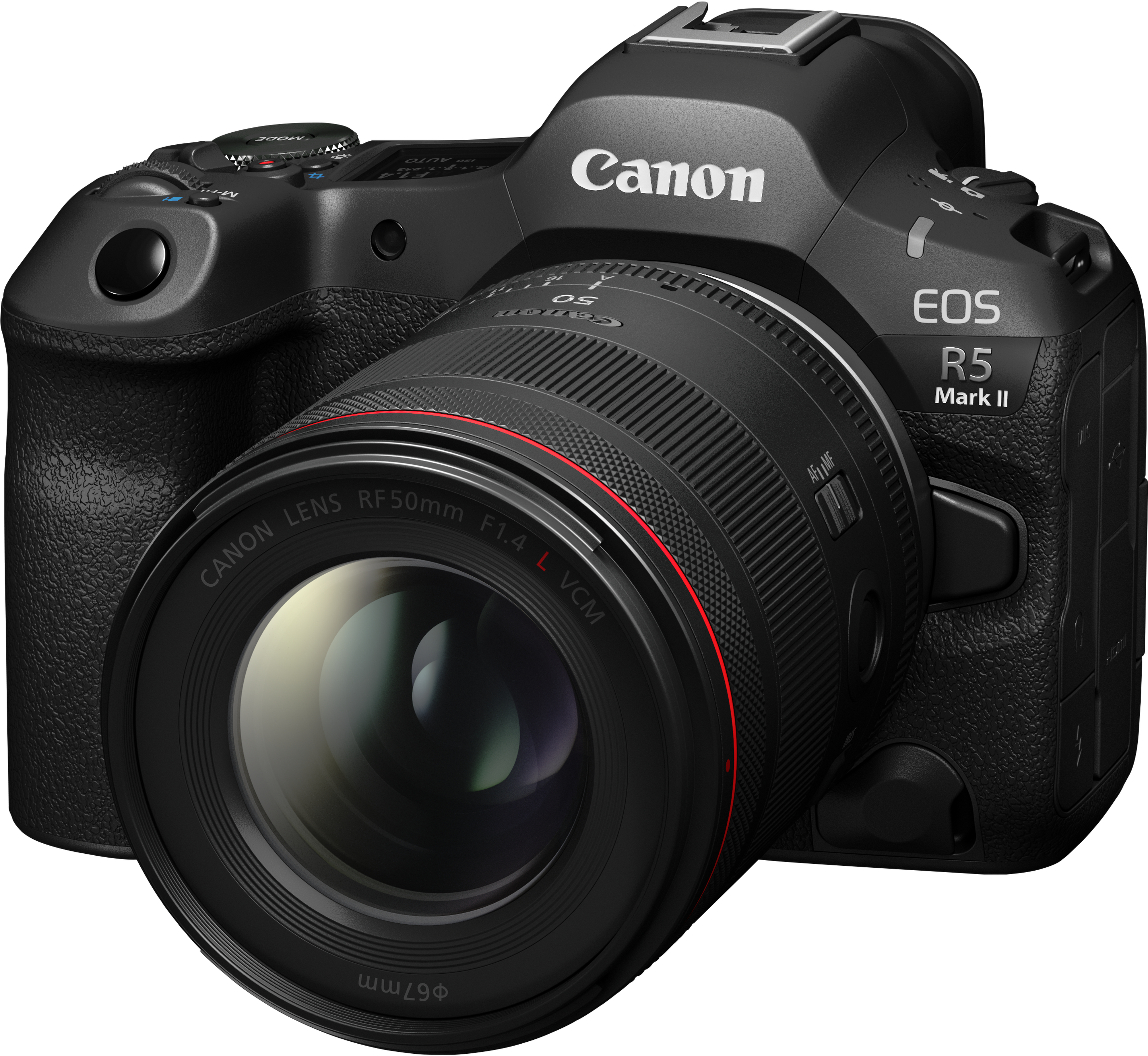 Appareil photo Canon EOS R5 Mark II avec objectif, corps noir, sur fond sombre.