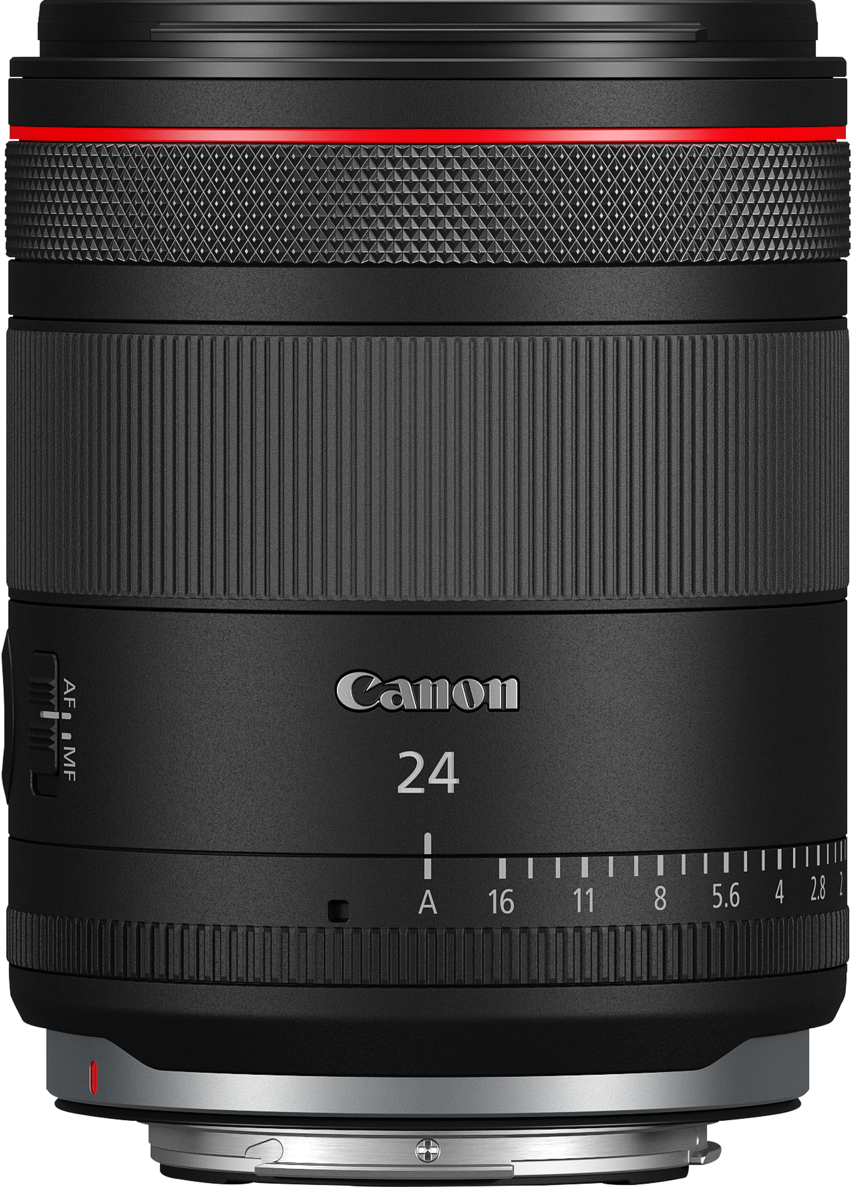 Objectif Canon 24mm, noir avec bague rouge, marquages de mise au point et d'ouverture visibles. Zone de prise cannelée.
