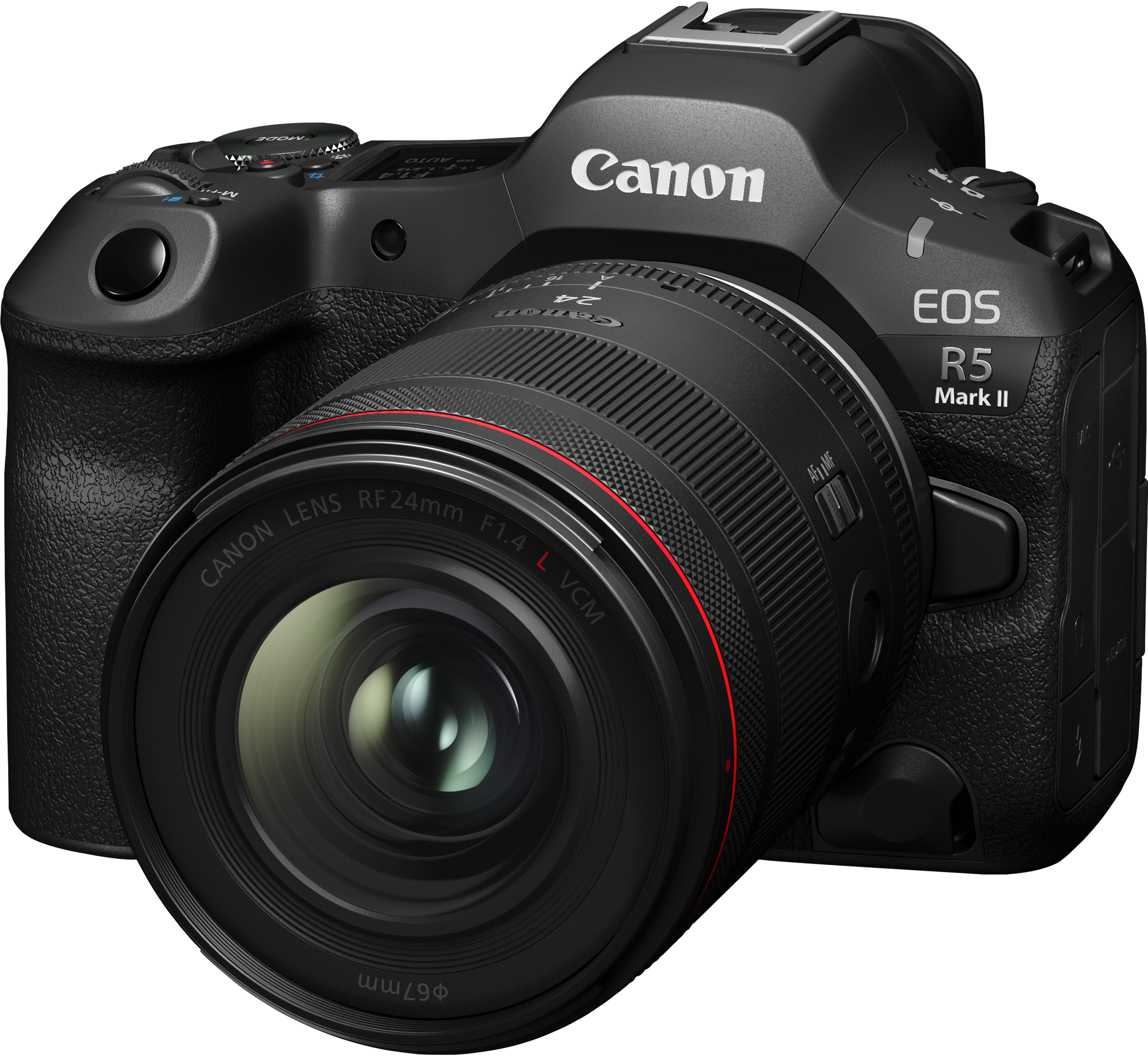 Appareil photo Canon EOS R5 Mark II noir avec objectif. Vue de face, fond noir.