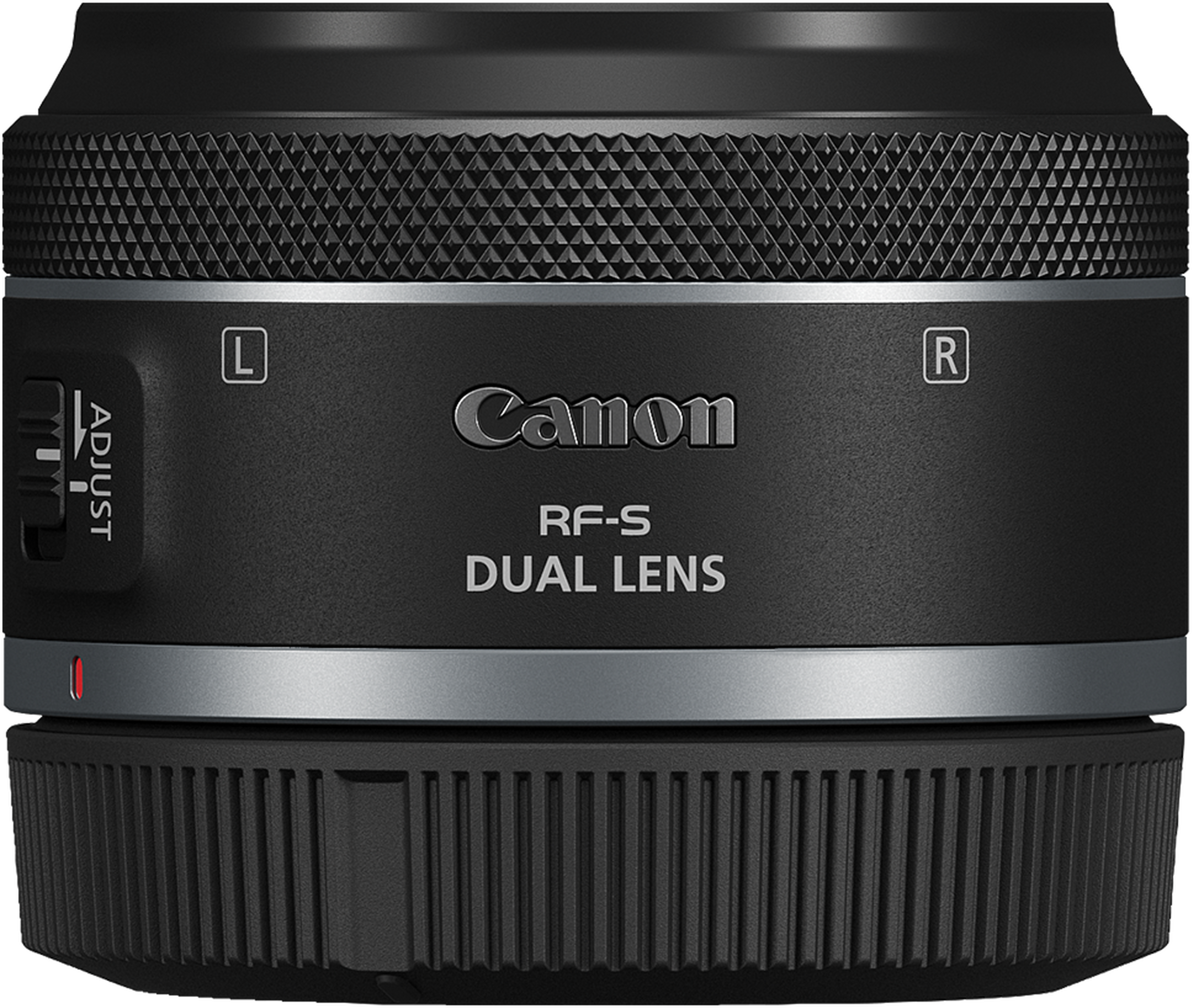 Gros plan sur un objectif double Canon RF-S. L'objectif est noir avec des accents argentés. Il a des molettes de réglage et des marquages.