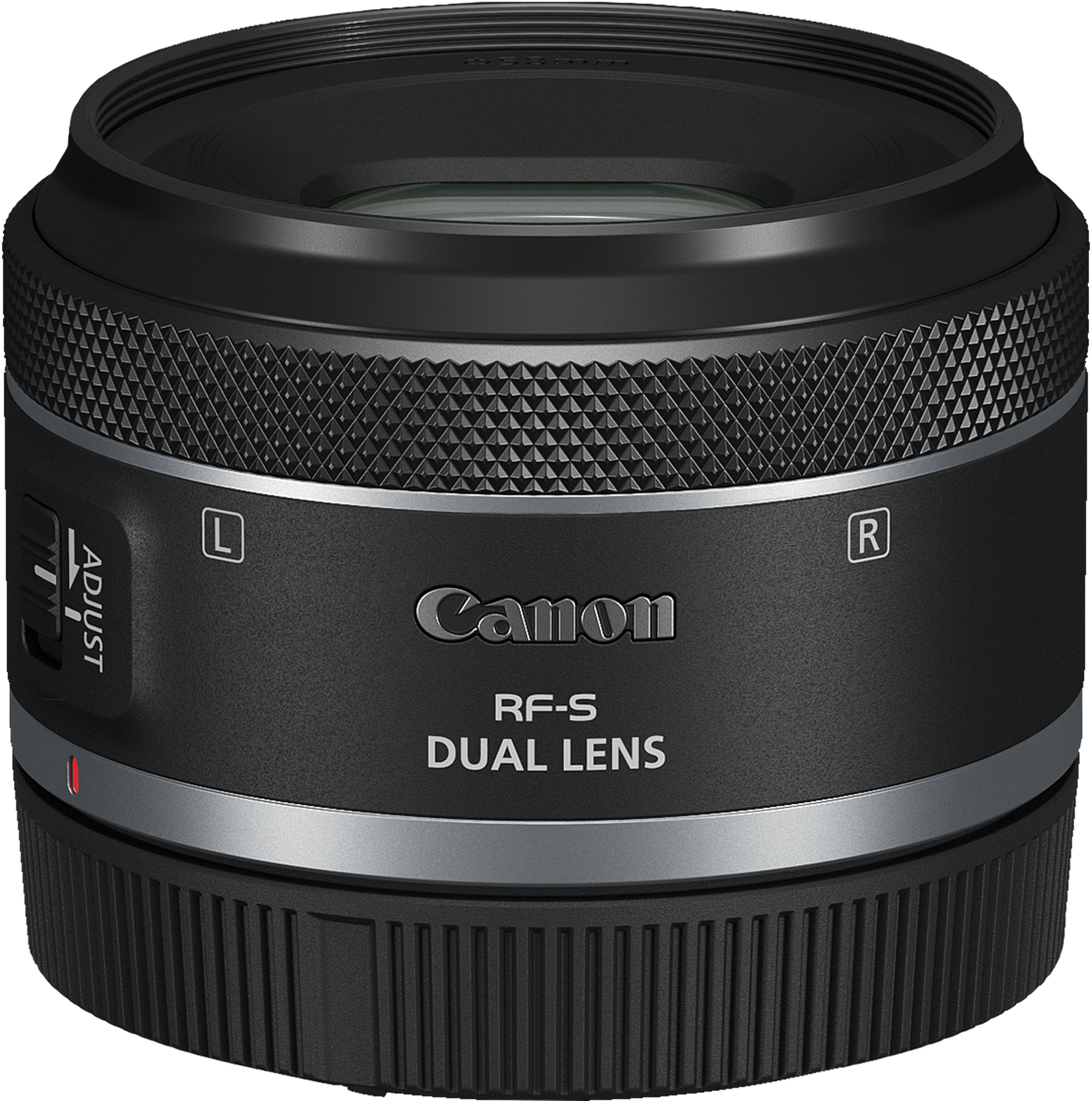 Un objectif d'appareil photo noir avec des accents argentés. Canon RF-S Dual Lens.
