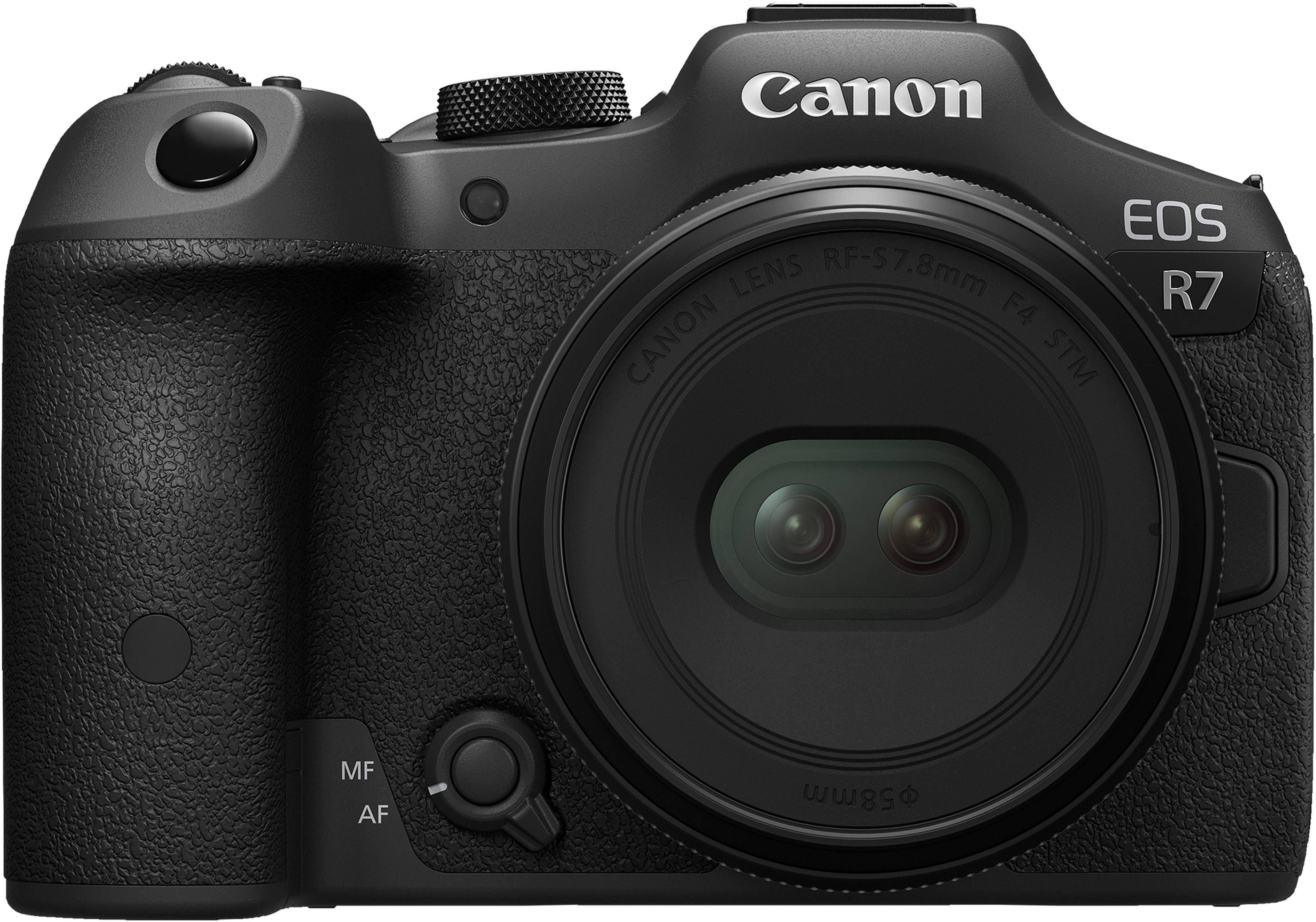 Appareil photo Canon EOS R7 noir. Un objectif est au centre. Canon et EOS R7 sont sur le corps.