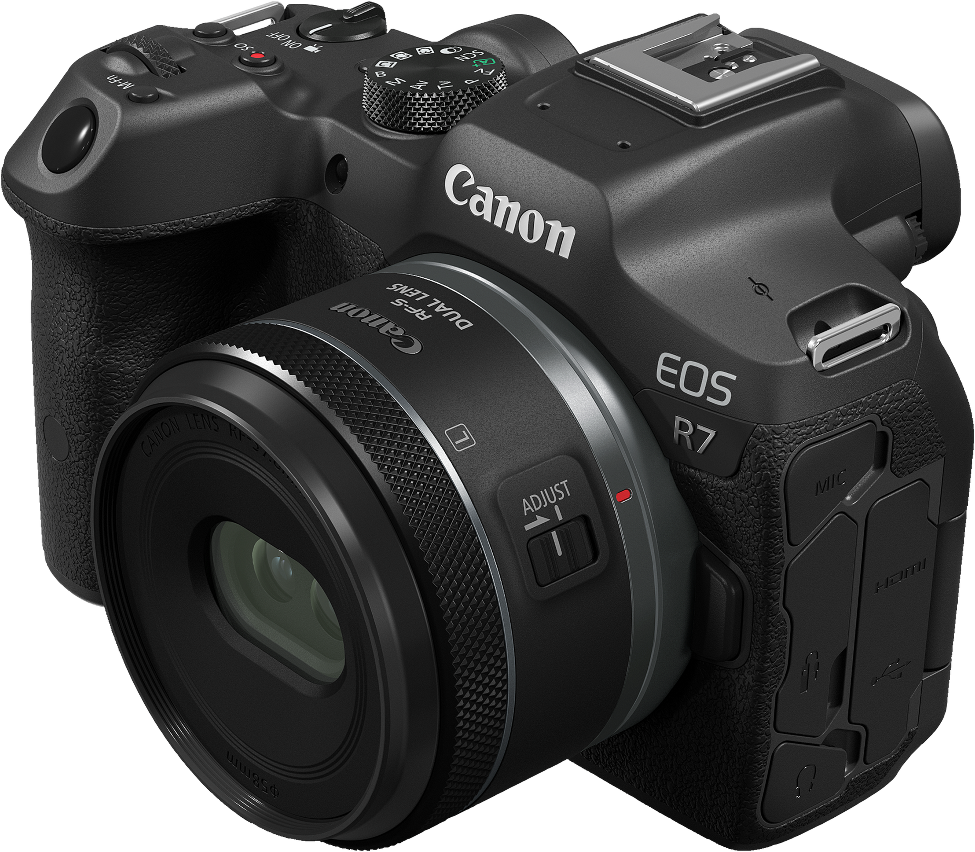 Un appareil photo Canon EOS R7 noir avec un objectif fixé, vue en angle.