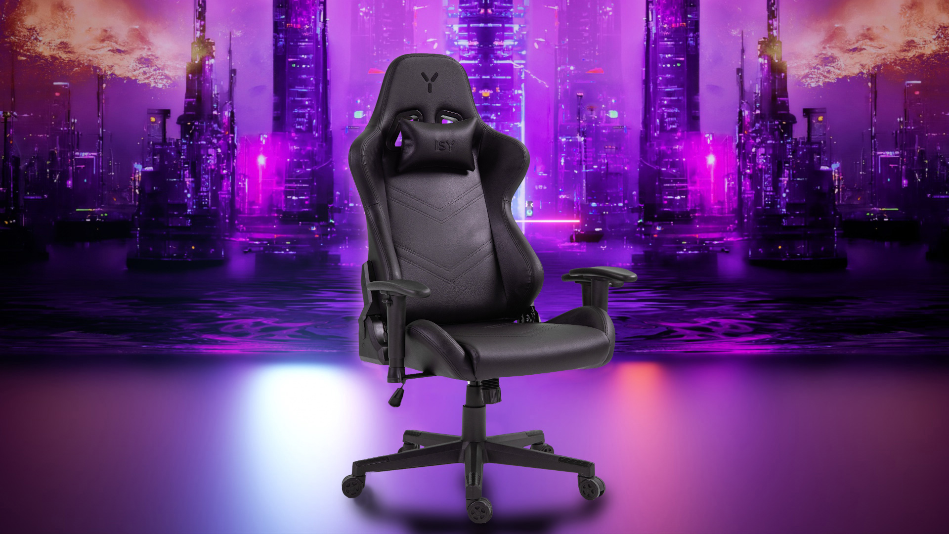 Une chaise de jeu noire sur une base noire avec un fond violet.