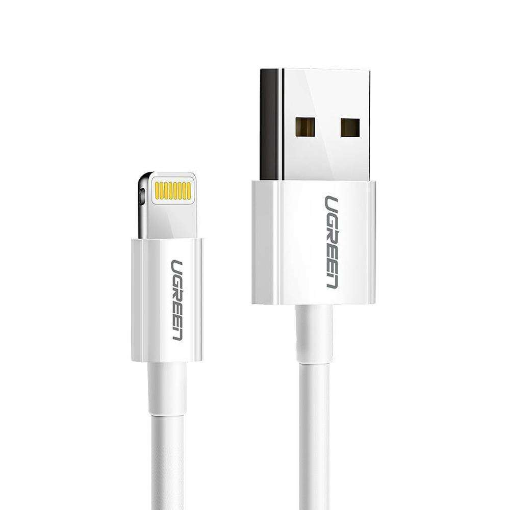 Beyaz USB-C - Lightning kablo seti. UGREEN markası. Beyaz zemin.