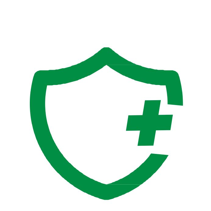 Beyaz iç ve sağ tarafta yeşil bir artı işareti olan yeşil bir kalkan.