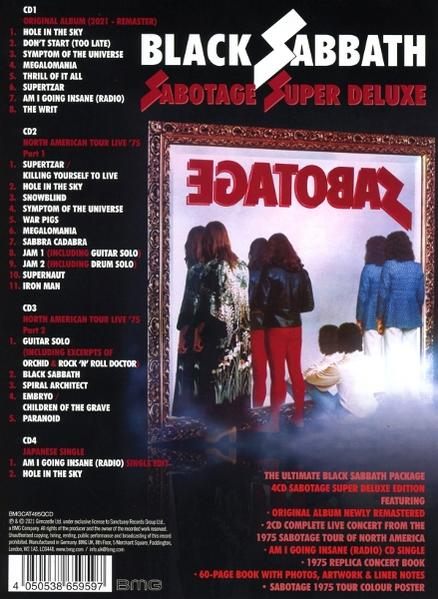 Album borítója Black Sabbath 'Sabotage' albumának borítójával és számlistájával.