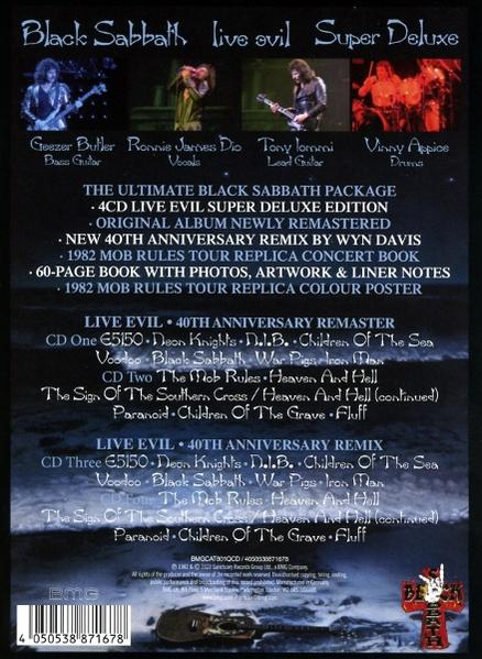 Album borító a zenekar tagjaival, a dalok címeivel és a koncert részleteivel. Black Sabbath, Live Evil.