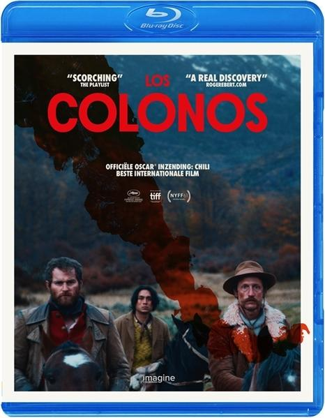 Couverture de film Blu-ray intitulée 'Los Colonos', avec trois hommes, des montagnes et une forme rouge flamboyante.