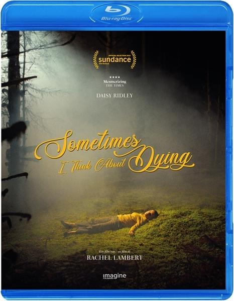 Boîtier de disque Blu-ray pour "Sometimes I Think About Dying" avec affiche de film et accents bleus.