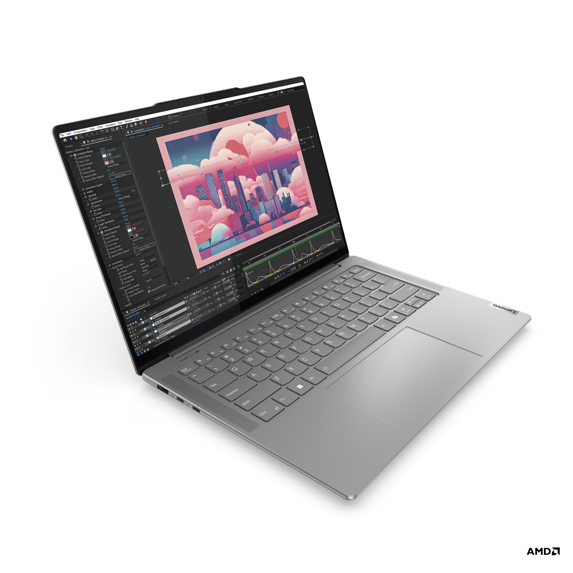 Bir masada açık gümüş renkli dizüstü bilgisayar, bir grafik tasarım programının arayüzünü görüntülüyor.
