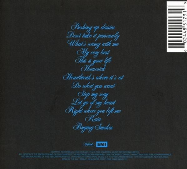 Pochette d'album avec titres de chansons en bleu sur fond noir.
