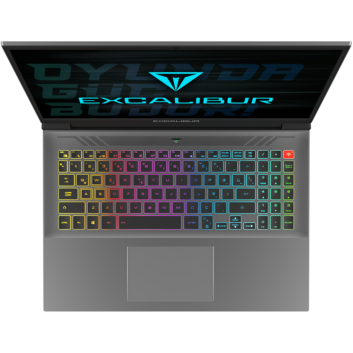 Dizüstü bilgisayar klavyesi, yukarıdan görünüm. RGB arkadan aydınlatmalı tuşlar, metin ve logo gösteren ekran.