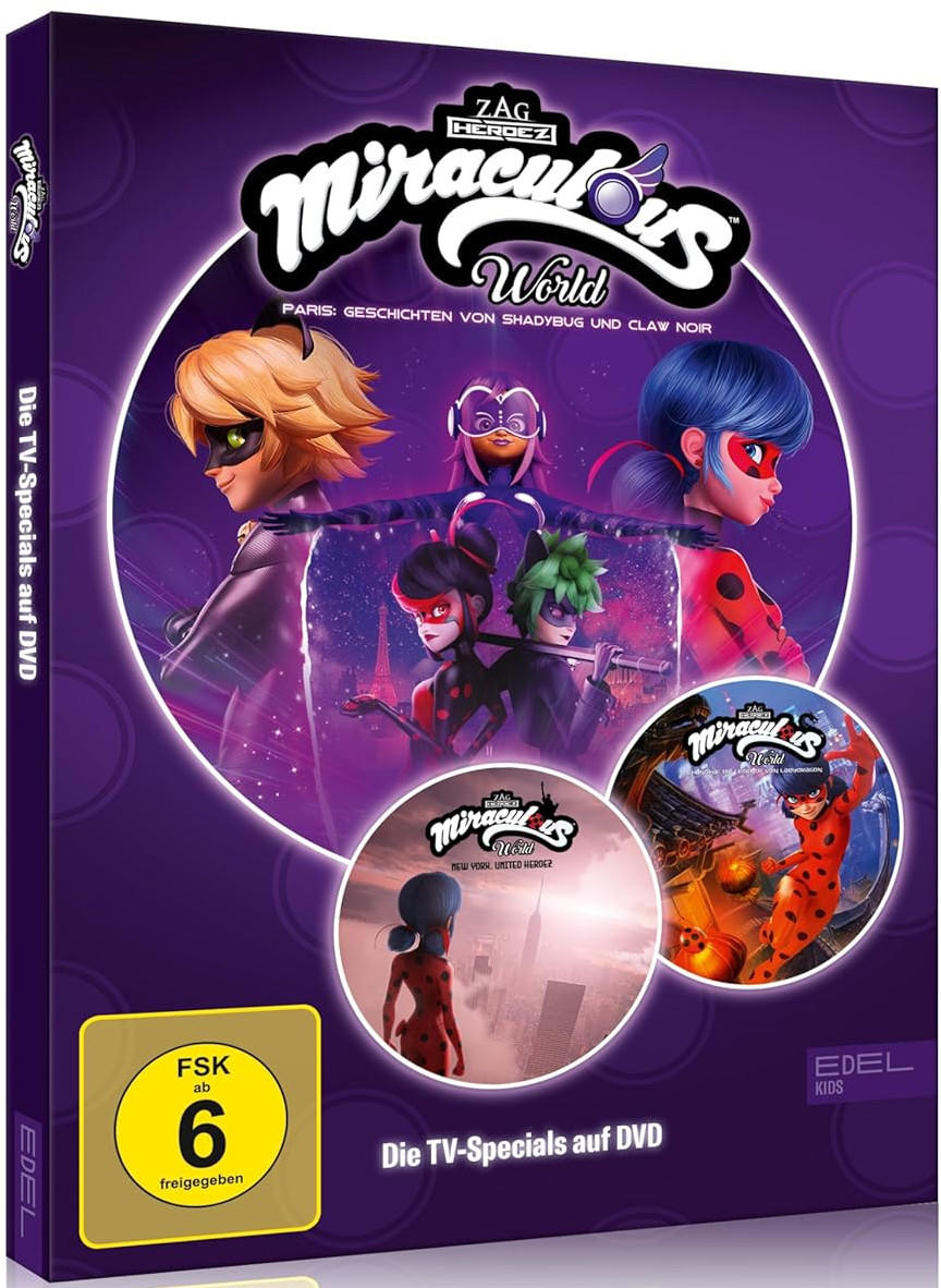 DVD-Cover von Miraculous World: Paris. Enthält Charaktere der Serie. Inklusive Bewertung und Text auf Deutsch.