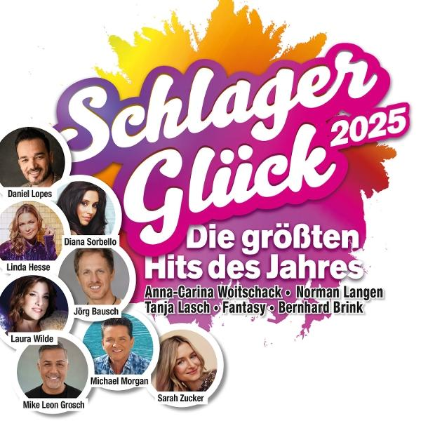 Albumcover mit mehreren Gesichtern von Sängern und den Worten Schlager Glück 2025.