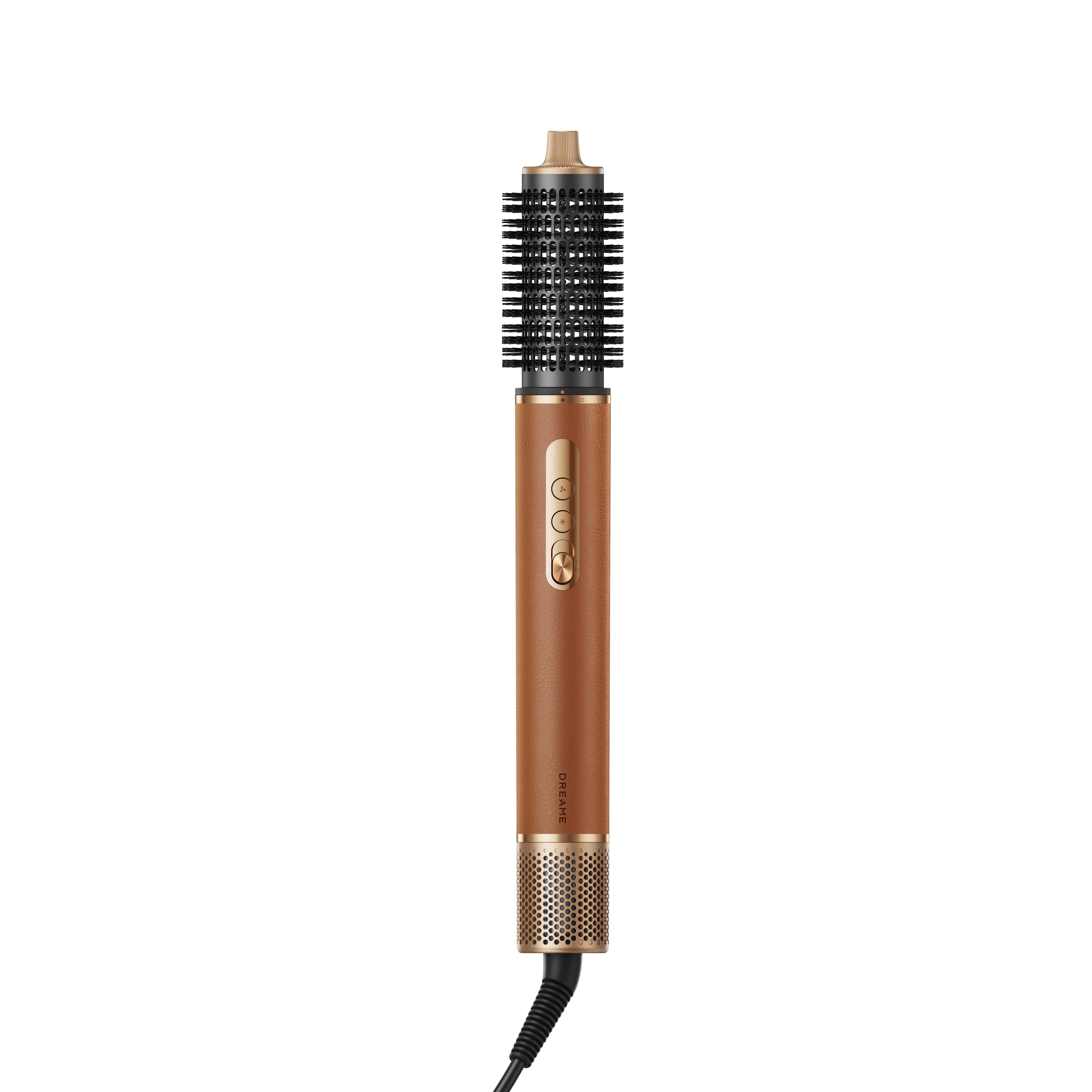 Eine braune und goldene Haarbürste mit einem schwarzen Kabel.