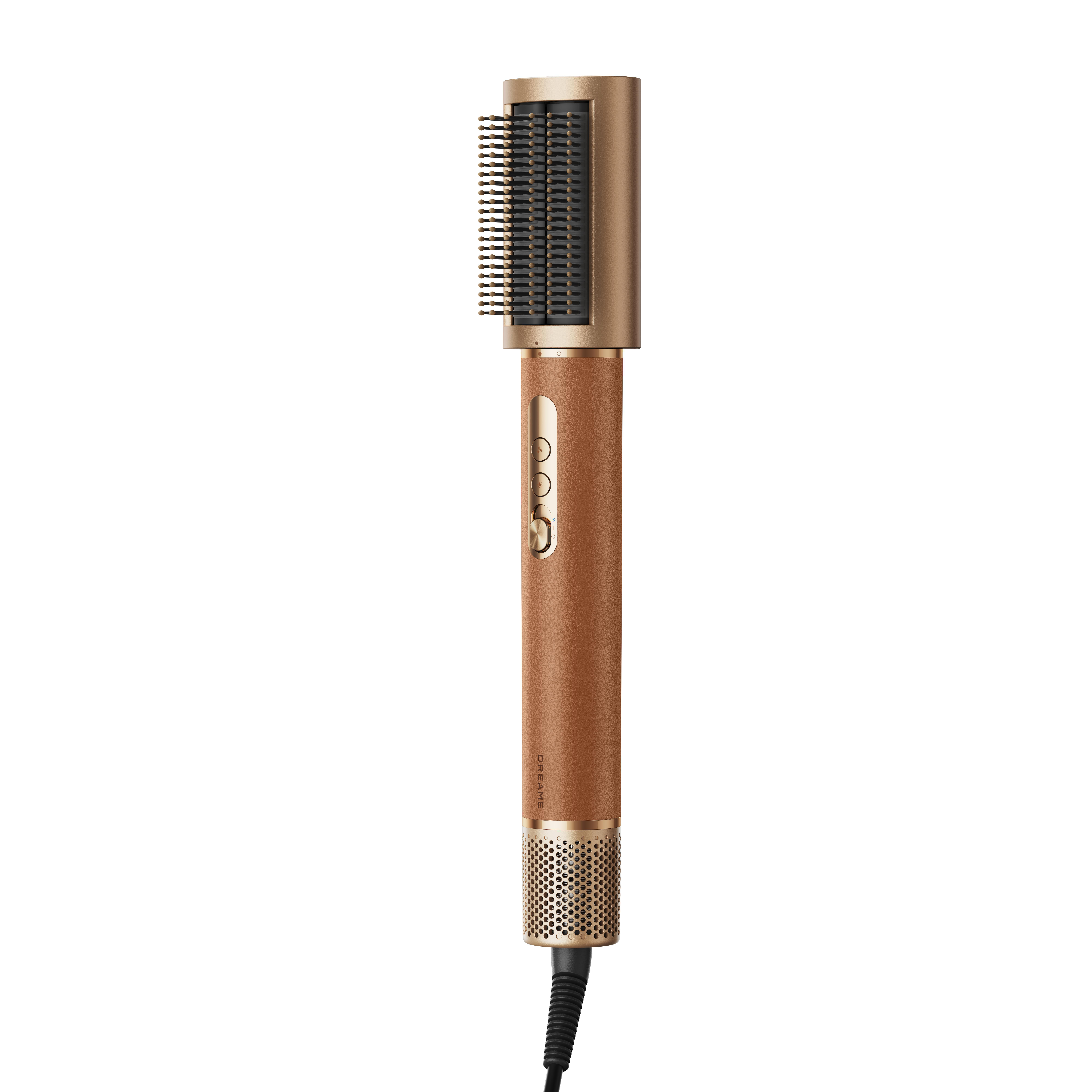 Eine braune und goldene Haarstylingbürste mit langem Griff und schwarzen Borsten.