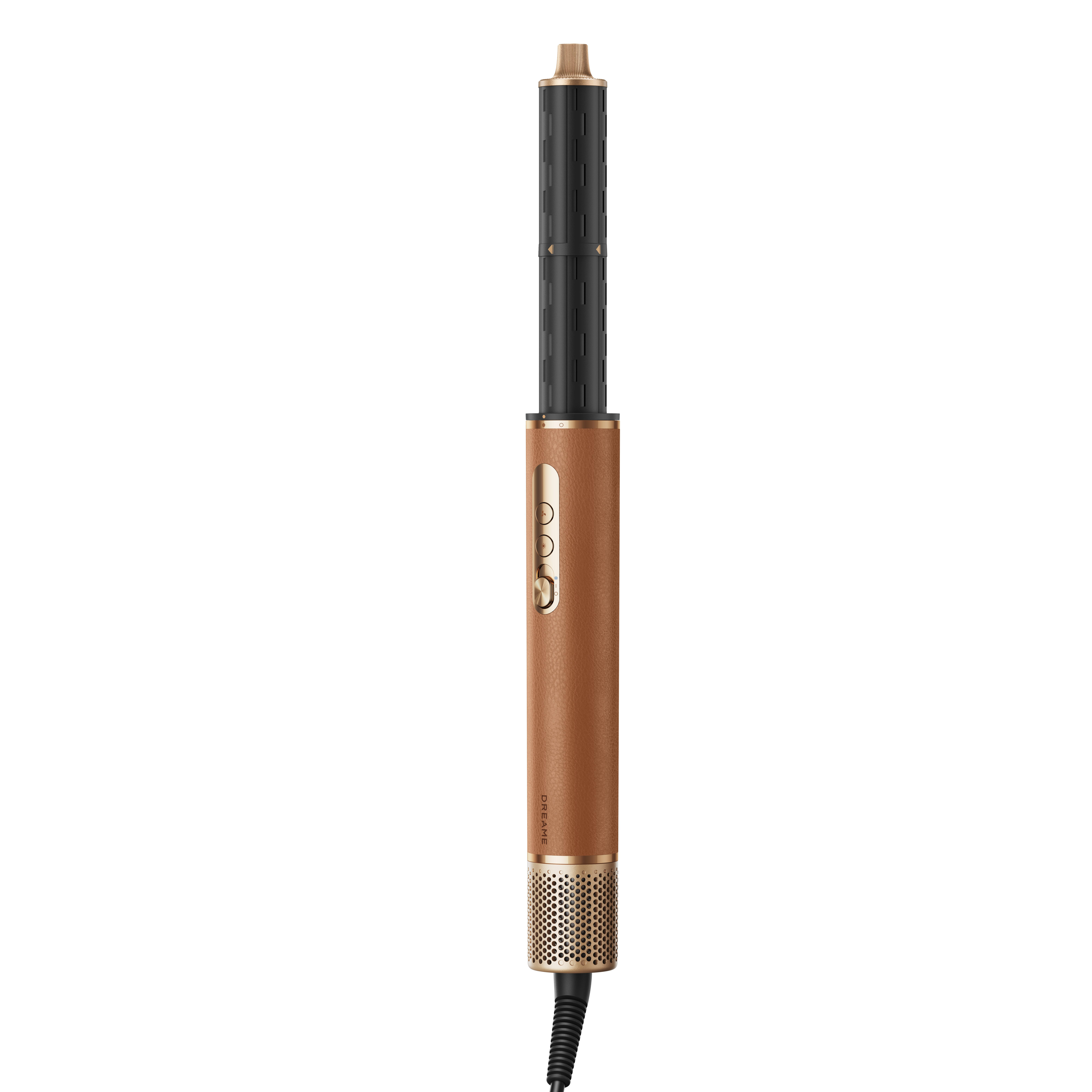 Braunes und schwarzes Haarstyling-Tool. Es hat einen Griff und ein Heizelement. Das Produkt ist isoliert.